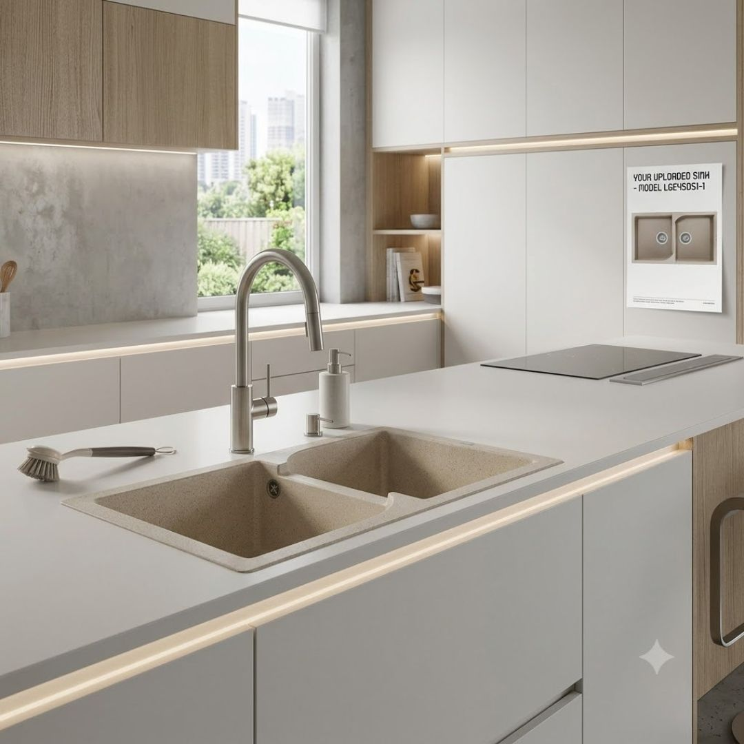 Cucina moderna con doppio lavello, rubinetto, dispenser sapone e spazzola.