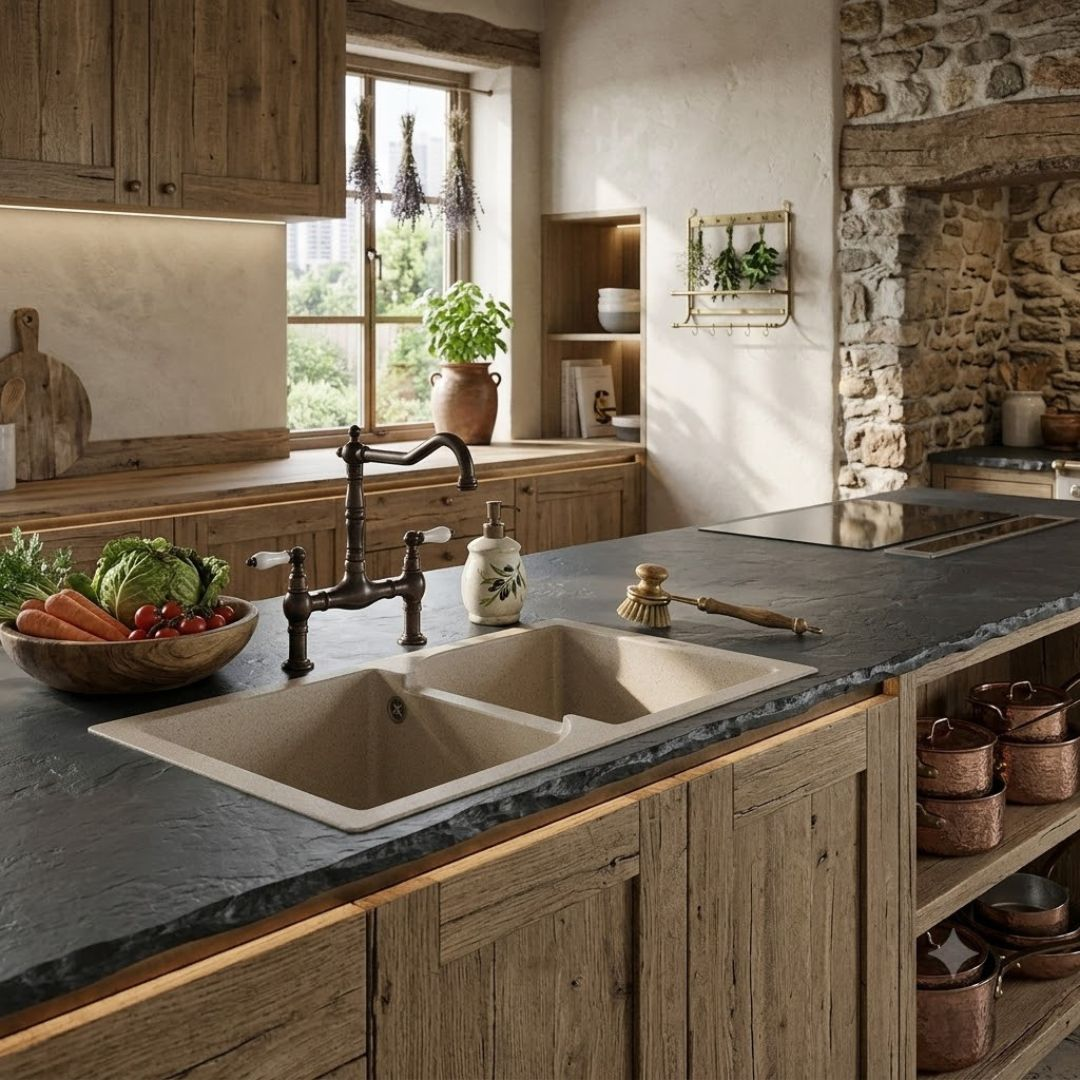 Cucina rustica con doppio lavello, elementi in legno e parete in pietra.