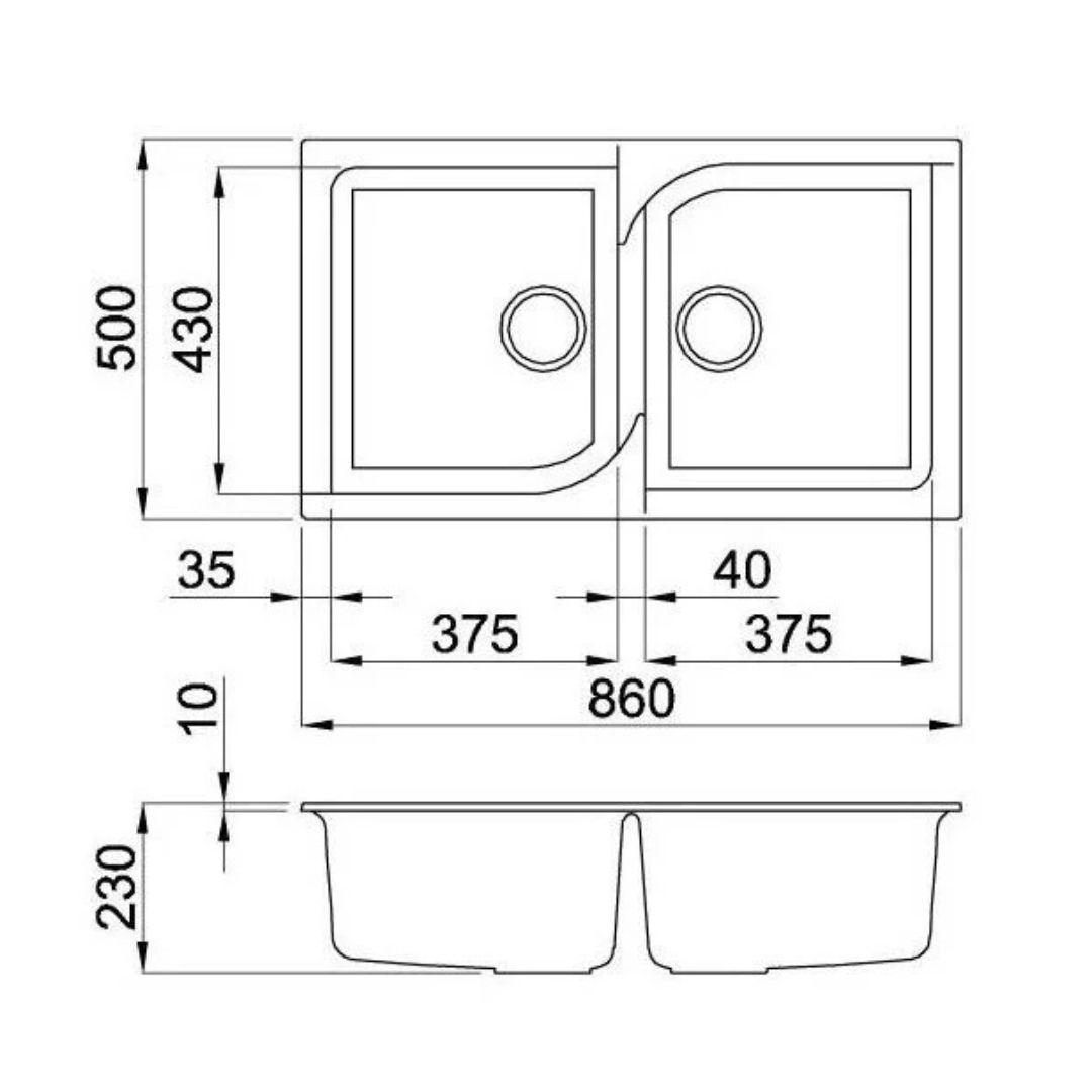 Disegno tecnico di un lavello a due vasche con dimensioni.