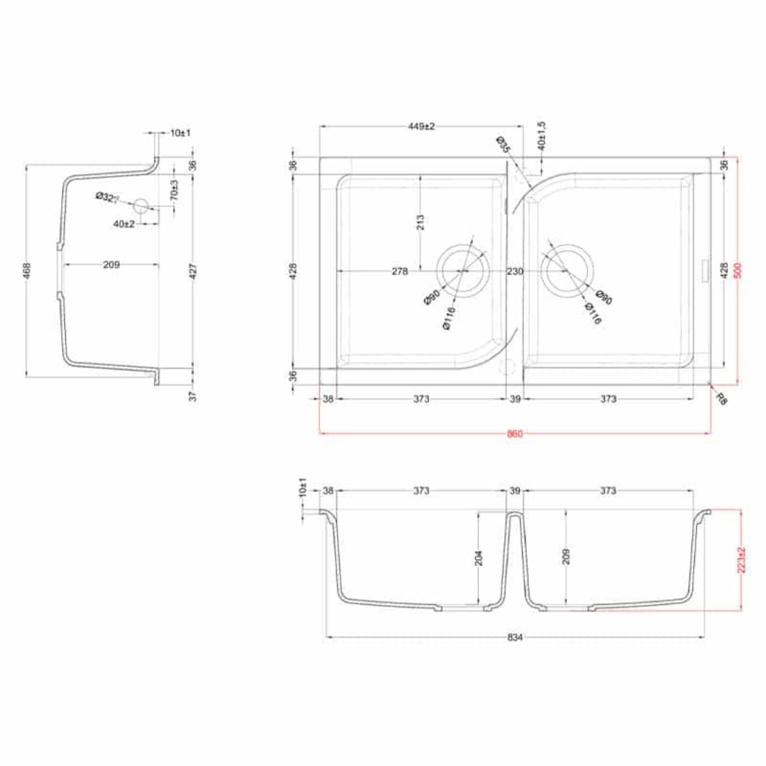 Disegno tecnico di un lavello doppio con dimensioni e dettagli.