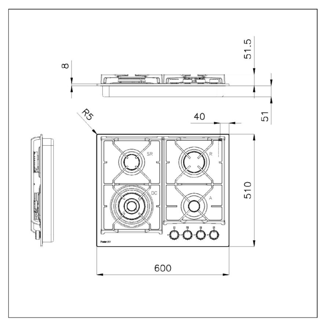 Disegno tecnico di un piano cottura a gas a quattro fuochi, dimensioni in mm.
