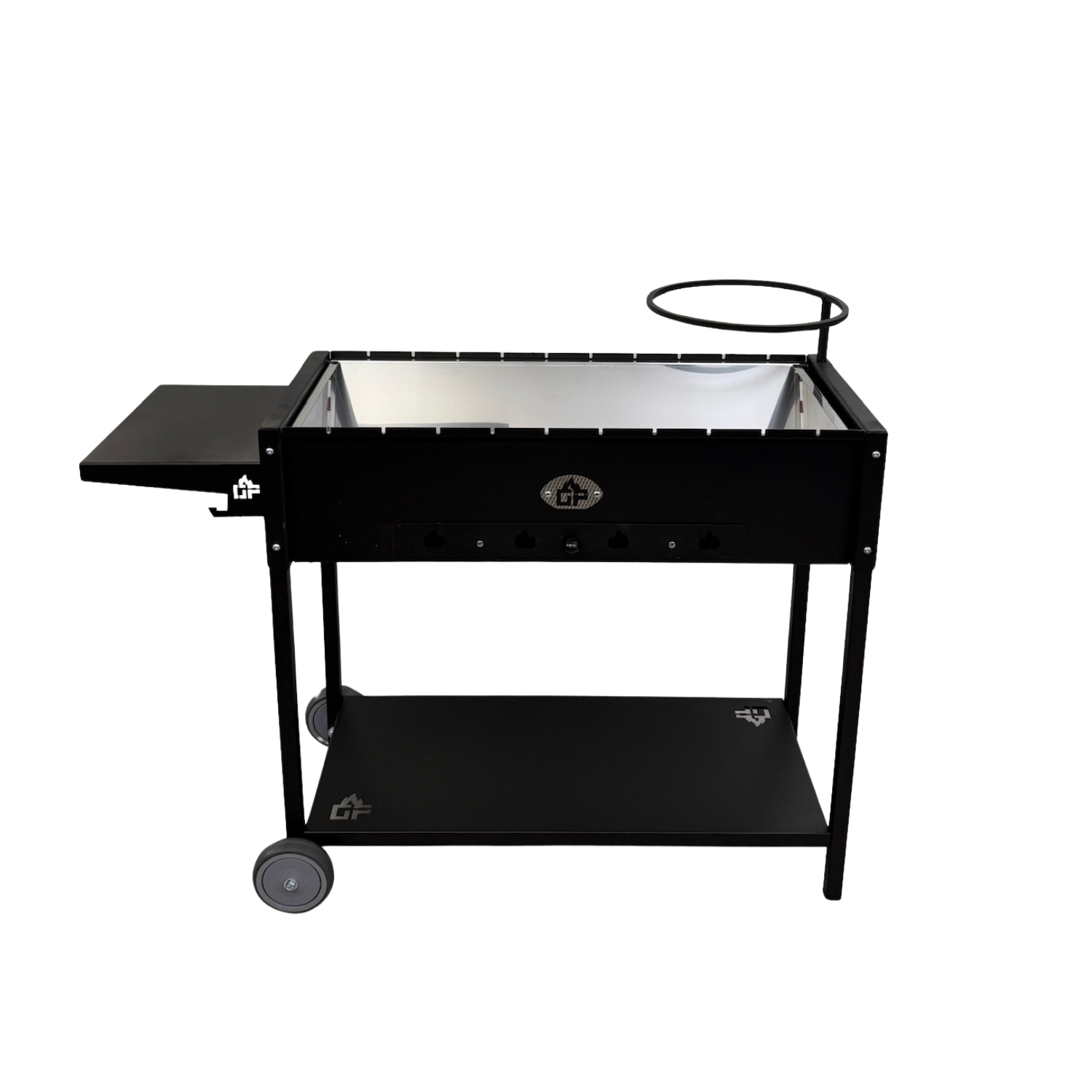 Schwarzer Grillwagen mit Ablage, Rädern und einem oberen Ring.