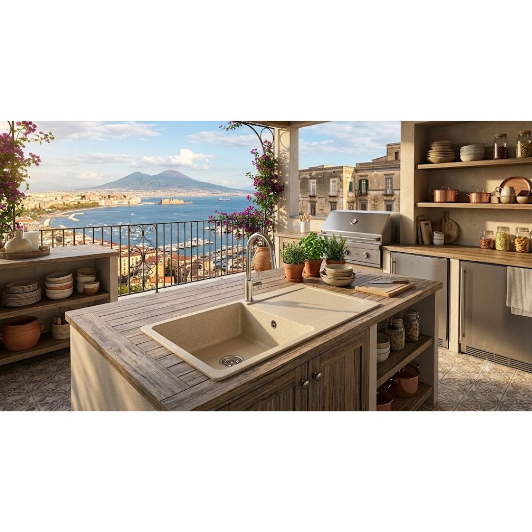 Una cucina esterna con lavello e grill, affacciata su una baia con città e montagne.