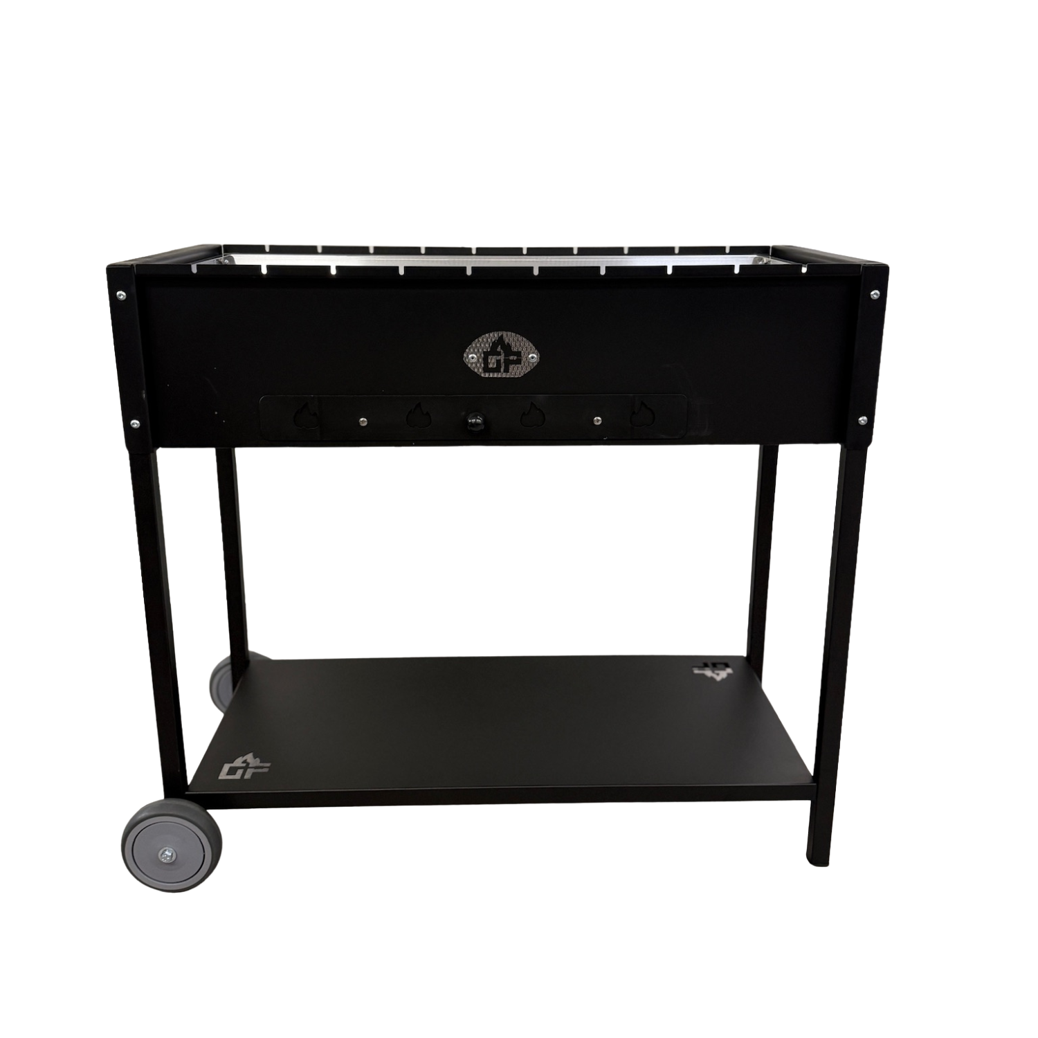 Schwarzer Grillwagen mit Ablagefach und Rädern.