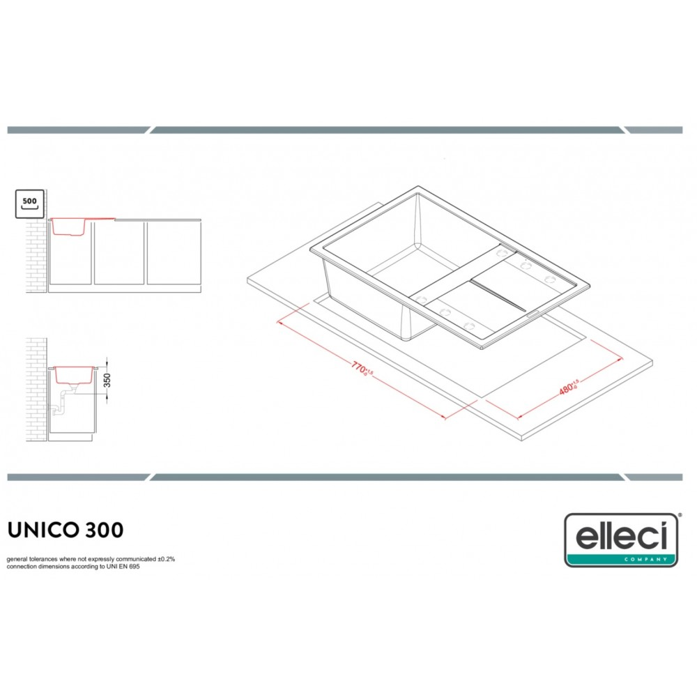 Disegno tecnico di un lavello doppio con dimensioni.