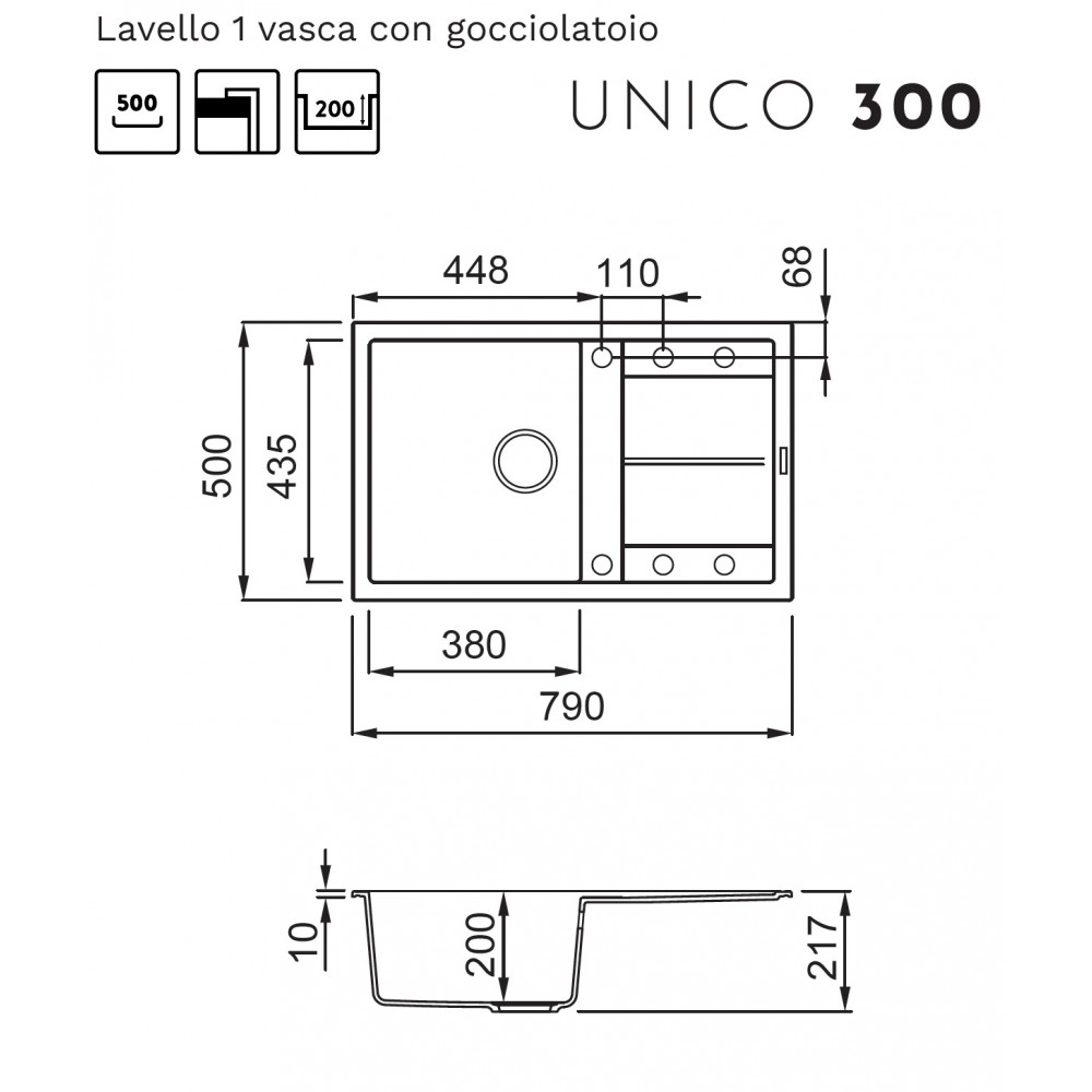 Disegno tecnico di un lavello con gocciolatoio, dimensioni in mm.