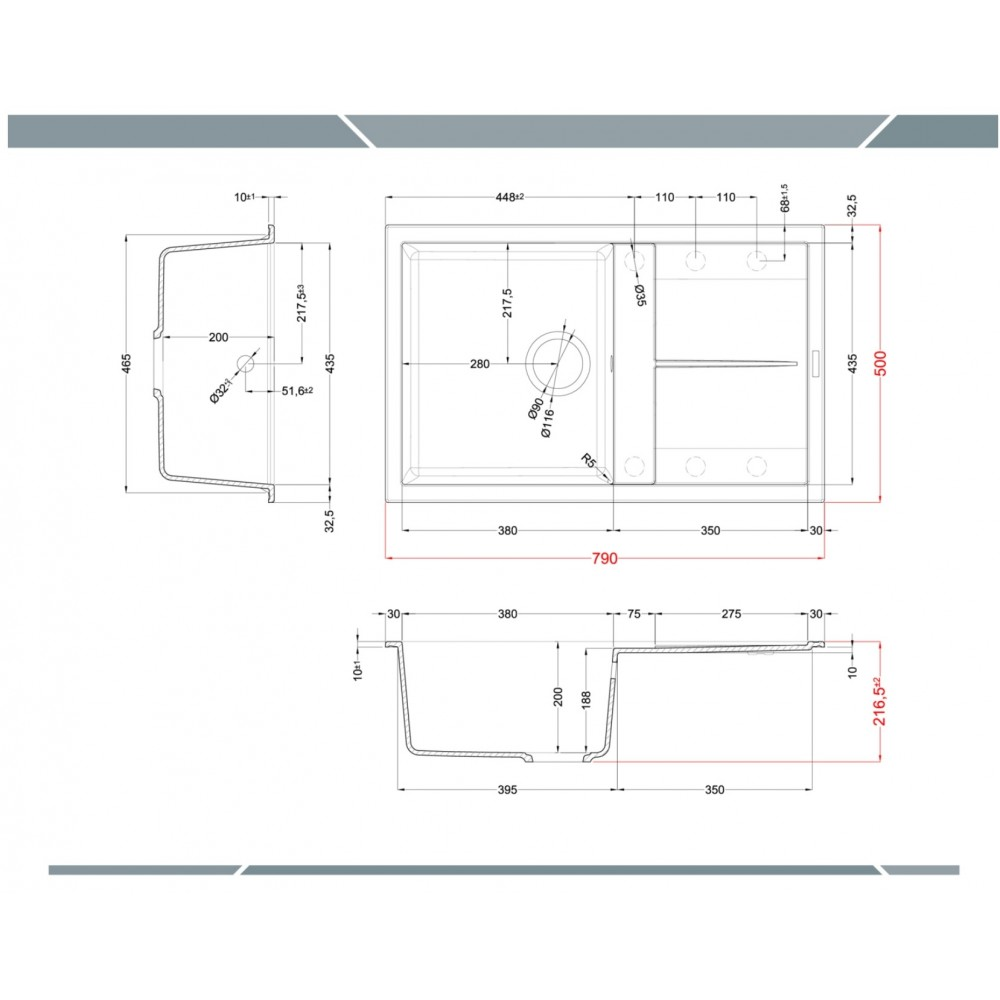 Disegno tecnico di un lavello con dimensioni e viste.