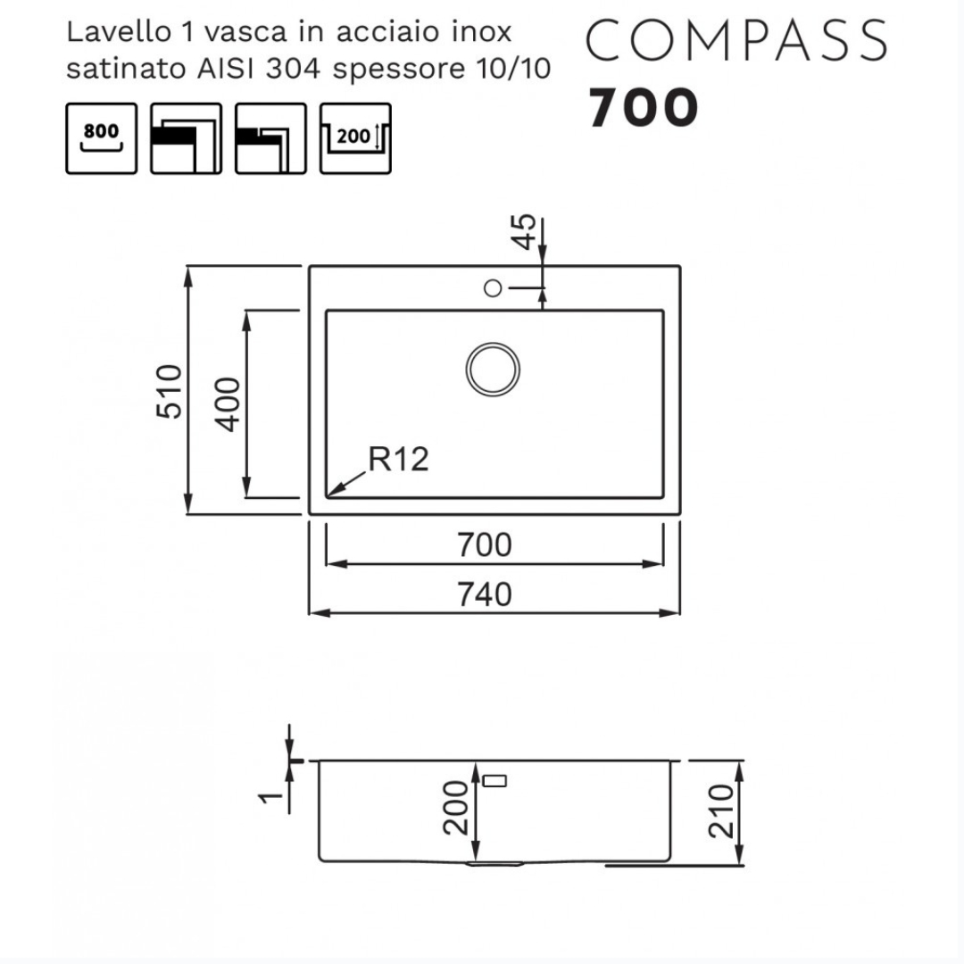 Disegno tecnico di un lavello in acciaio inox con dimensioni.