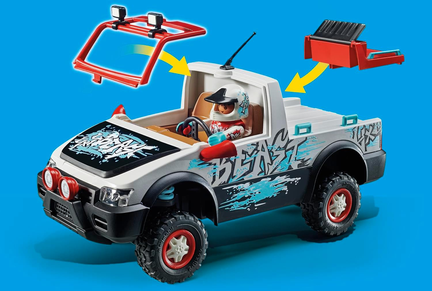 Spielzeugauto mit Fahrer, abnehmbarem Windschutz und Ladefläche.
