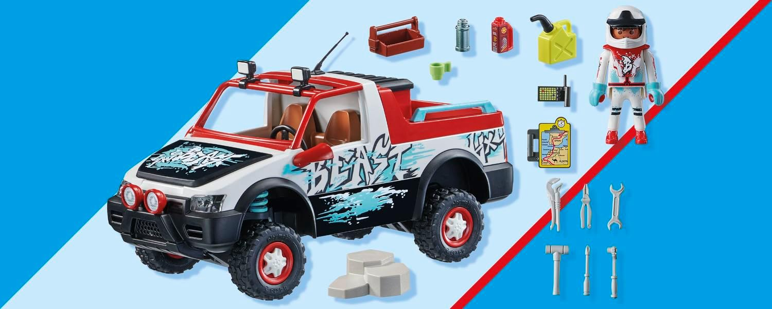 Geländewagen mit Zubehör: Figur, Werkzeuge, Benzinkanister, Karte uvm.