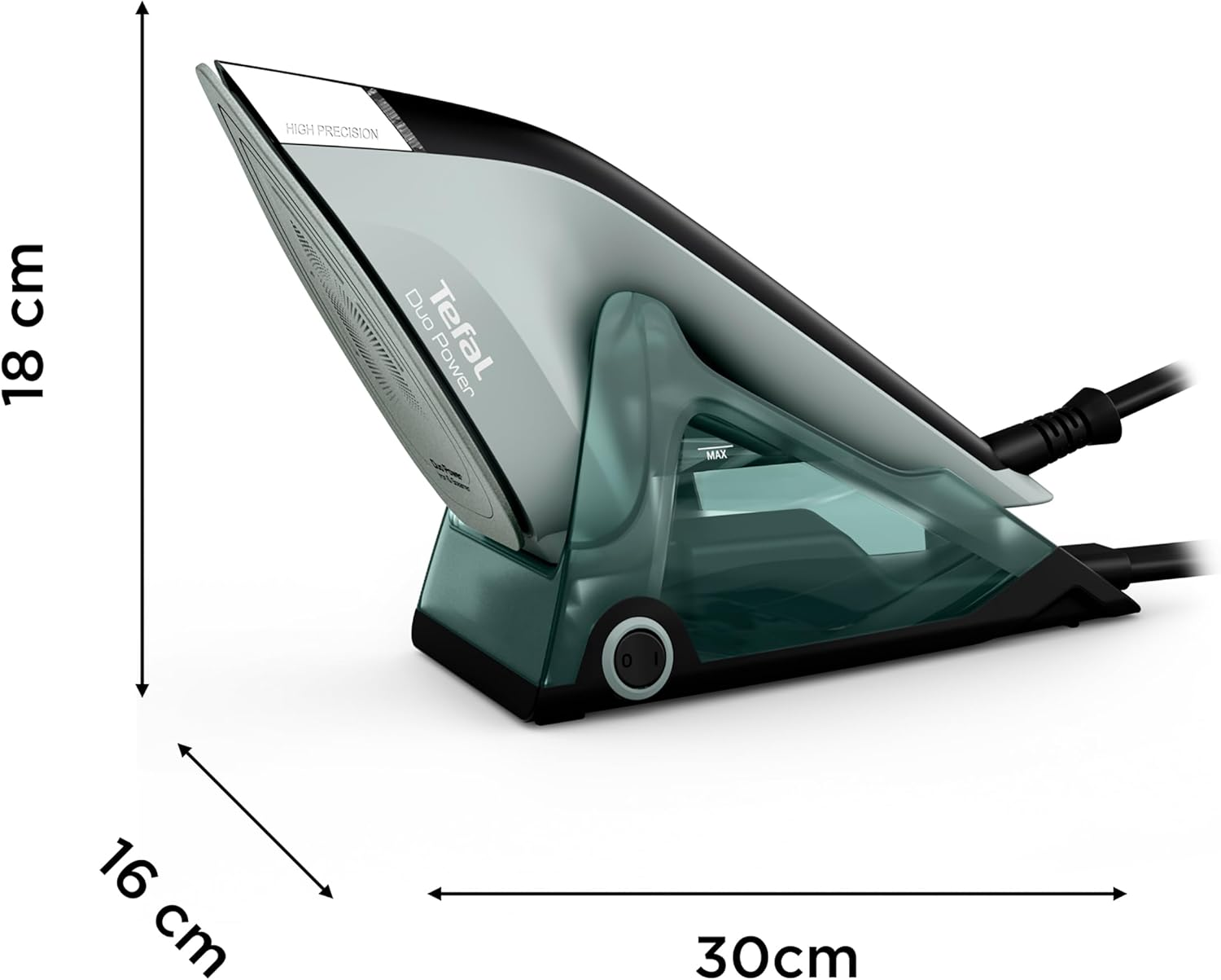Ein Tefal Dampfbügeleisen mit Wassertank, 18 cm hoch, 16 cm breit, 30 cm lang.