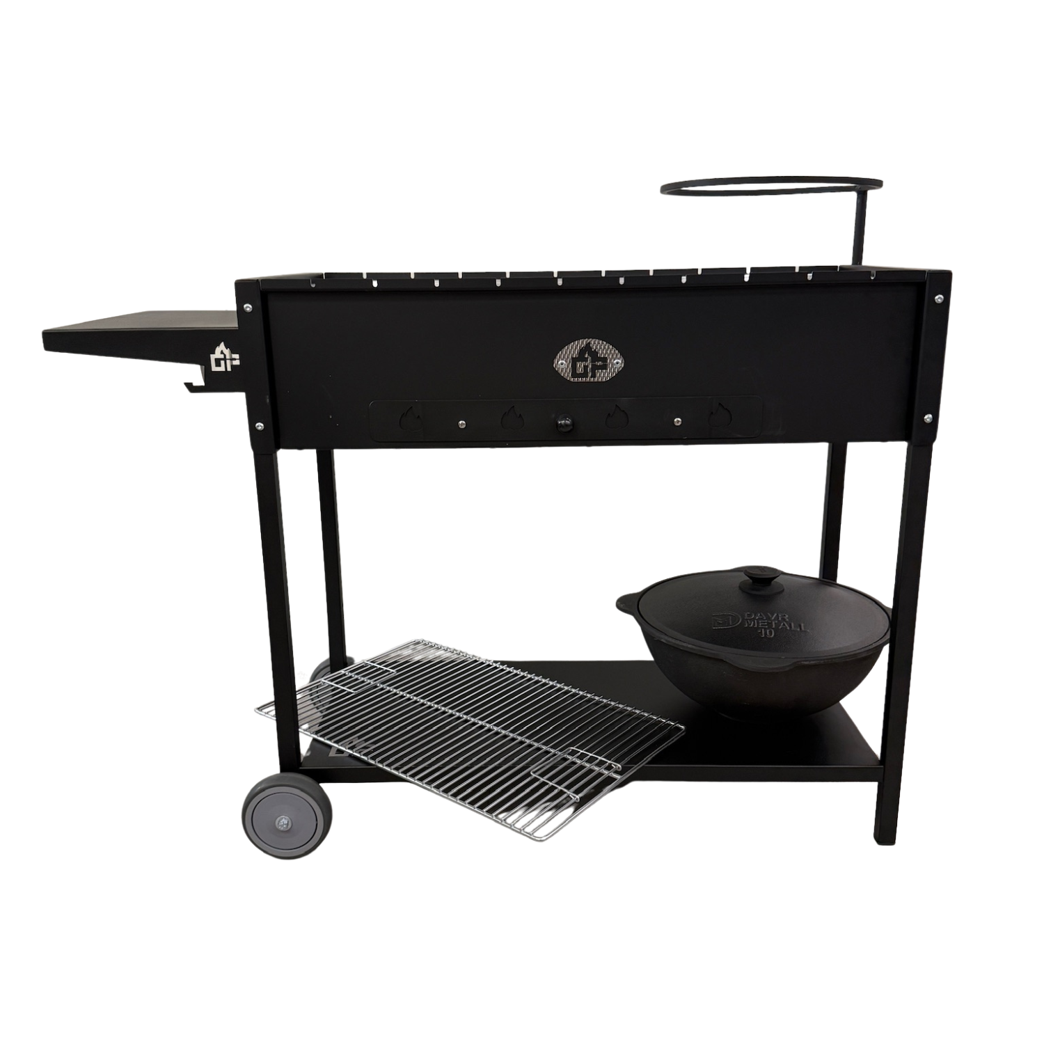 Schwarzer Grillwagen mit Rädern, einem Gusseisen-Topf und einem Rost.