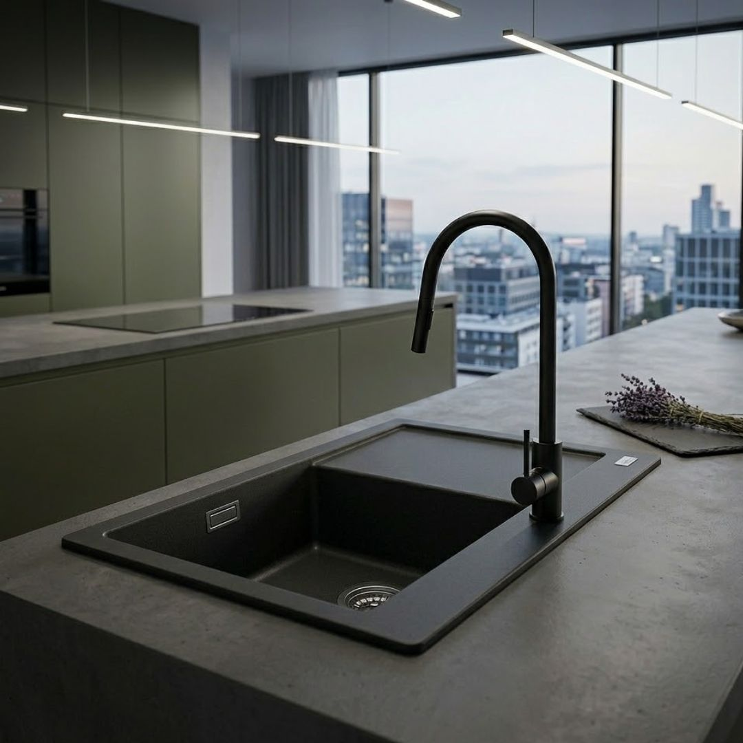 Cucina moderna con piano di lavoro grigio, rubinetto nero e vista sulla città.