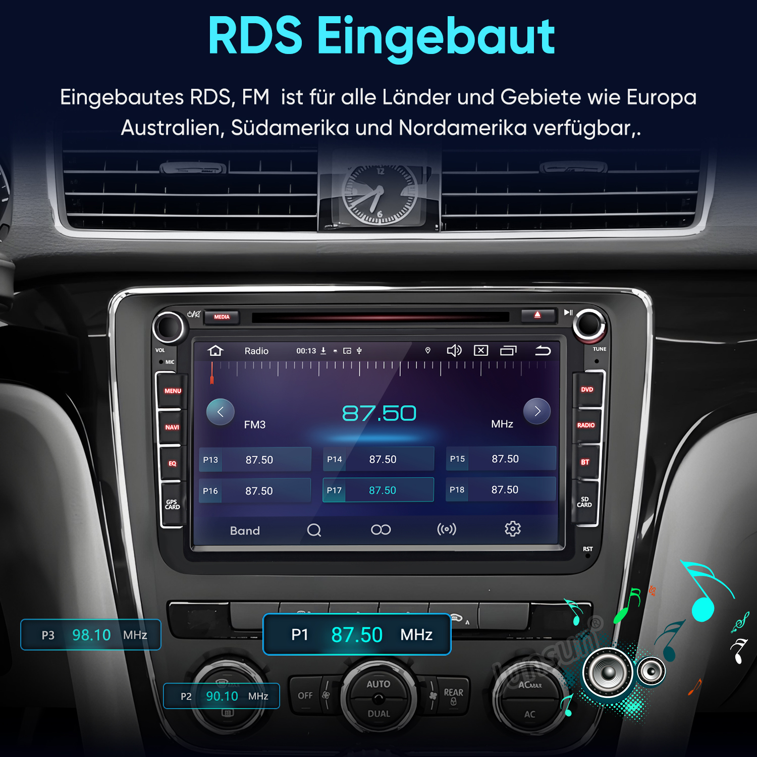 Ein Autoradio-Bildschirm mit Radiosenderanzeige und Steuerungstasten.