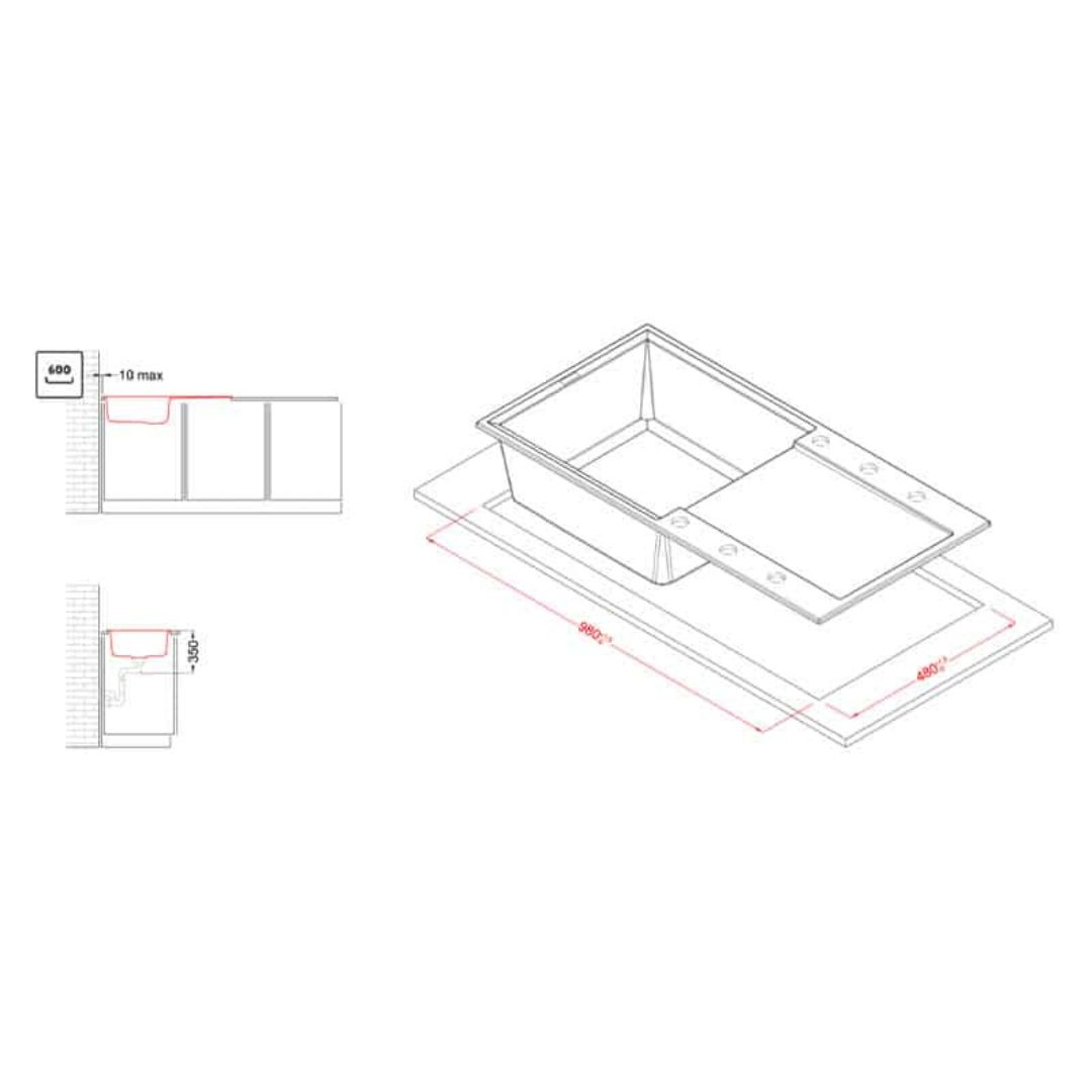 Disegno tecnico di un lavello con dimensioni 980x480mm.