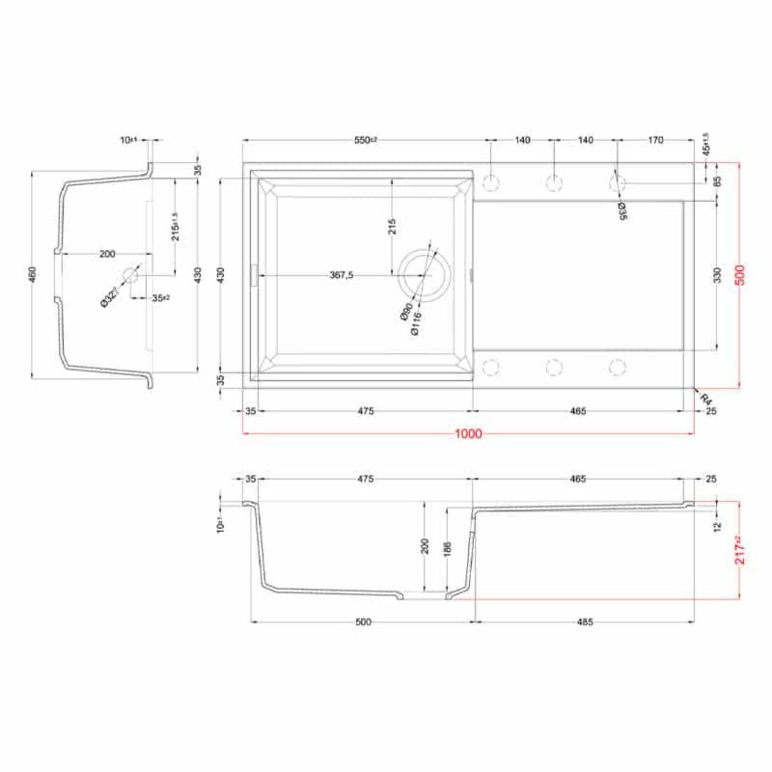 Disegno tecnico di un lavello con dimensioni e viste.
