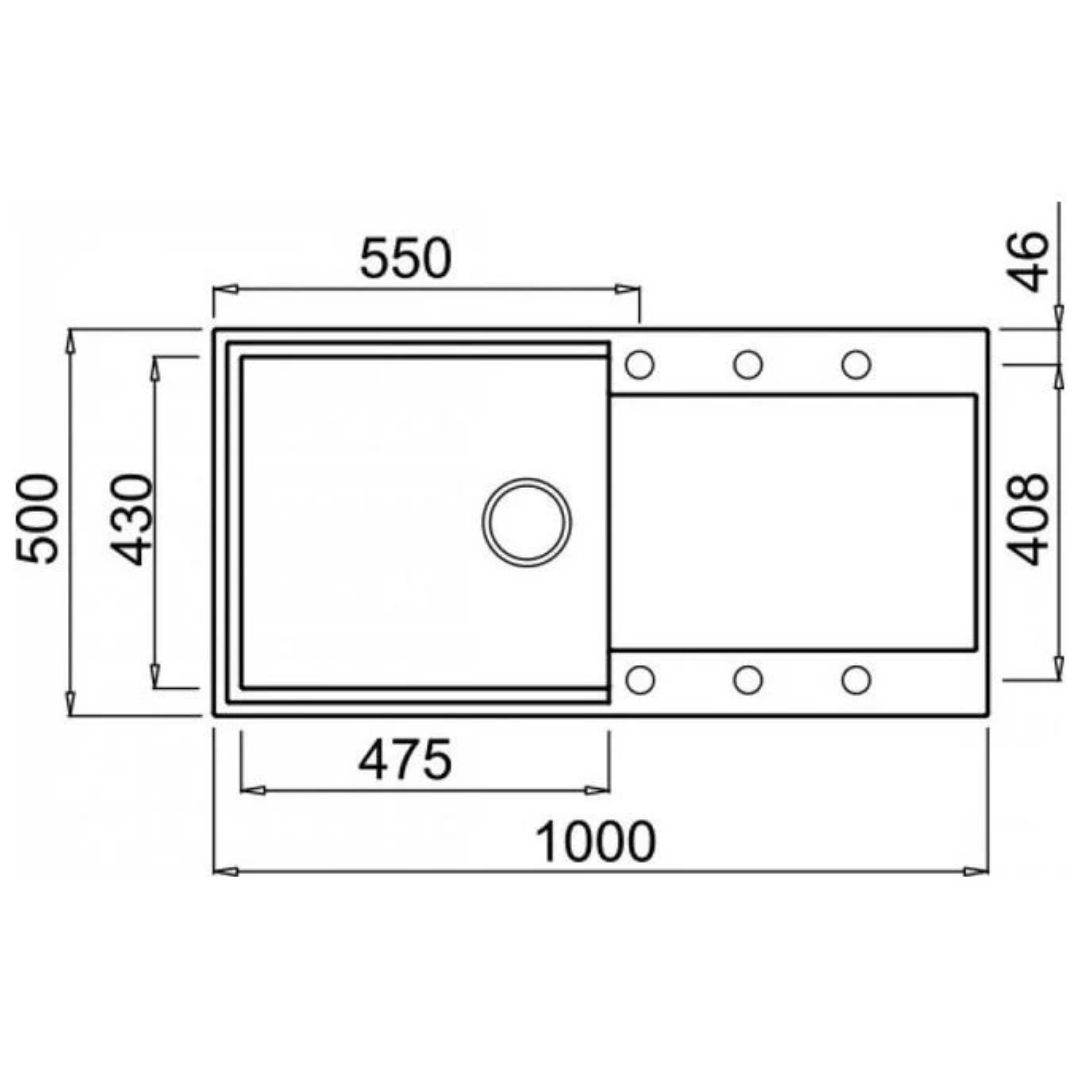 Disegno tecnico di un lavello con dimensioni.