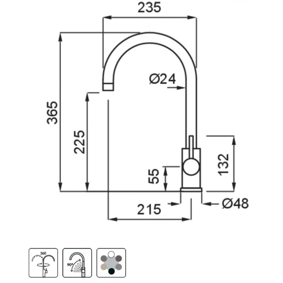 Disegno tecnico di un rubinetto con dimensioni. Mostra altezza, larghezza e diametro.