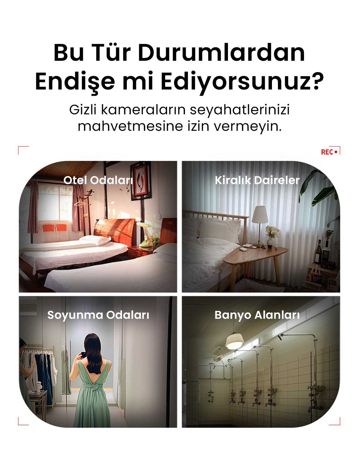 Dört resim: otel odaları, kiralık daireler, soyunma odaları, duş alanları.