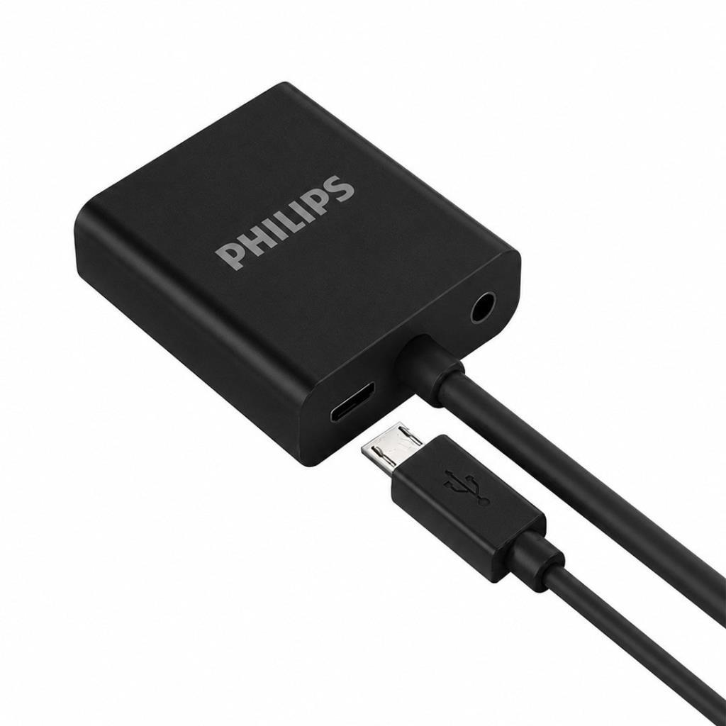 USB ve 3,5 mm jaklı siyah Philips adaptör. Bir USB kablosu bağlı.