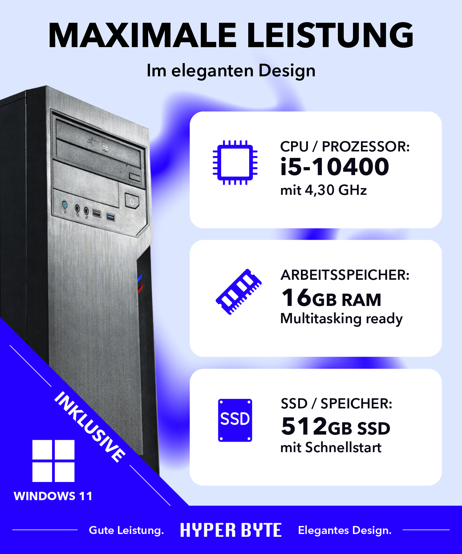 Torre de PC negra con especificaciones: CPU i5-10400, 16 GB RAM, SSD 512 GB, Windows 11.