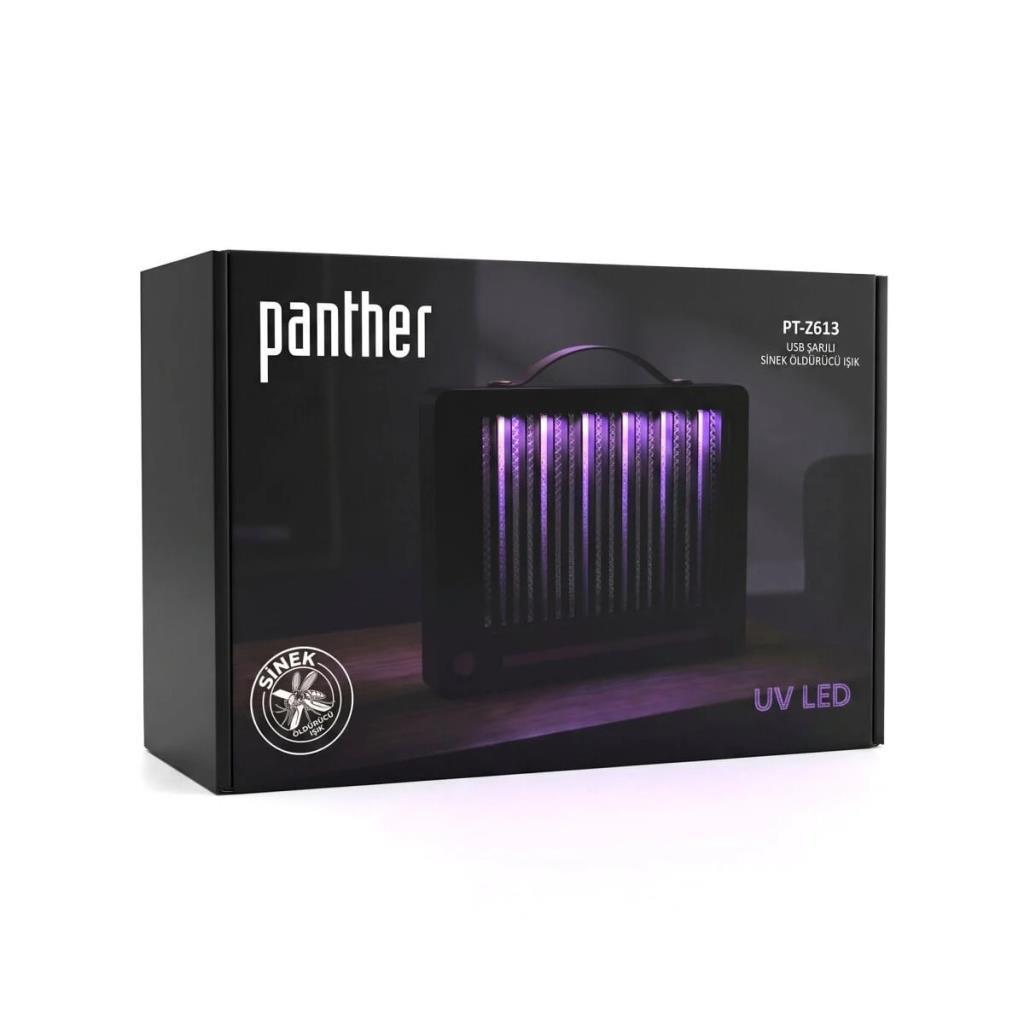 Ortasında UV LED böcek öldürücü bulunan siyah Panther kutusu.