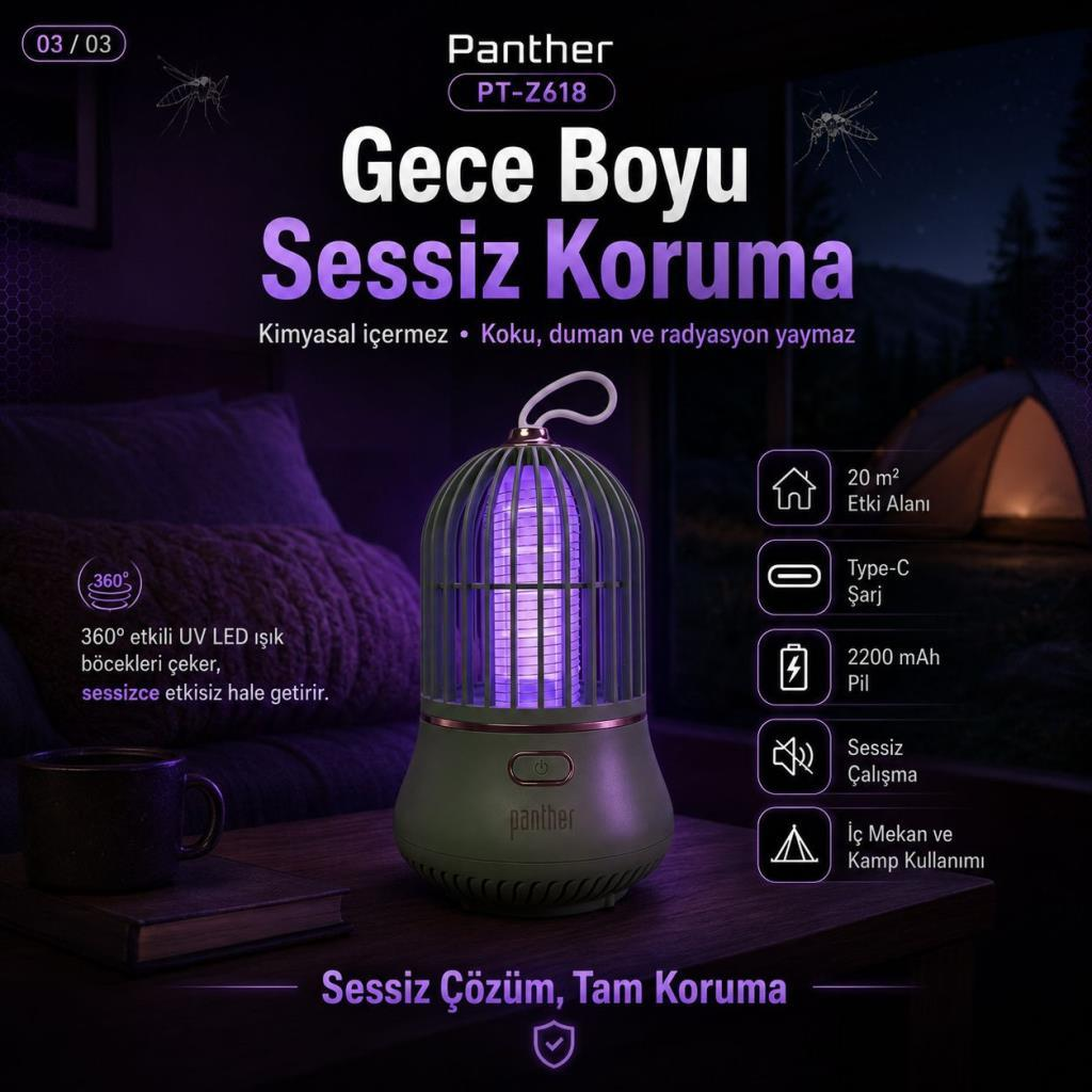 Mor ışıklı yeşil UV böcek öldürücü, fincanlı masada.