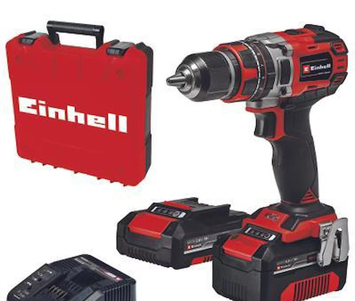 Kırmızı bir Einhell çantası, akülü vidalama, iki pil ve bir şarj cihazı.