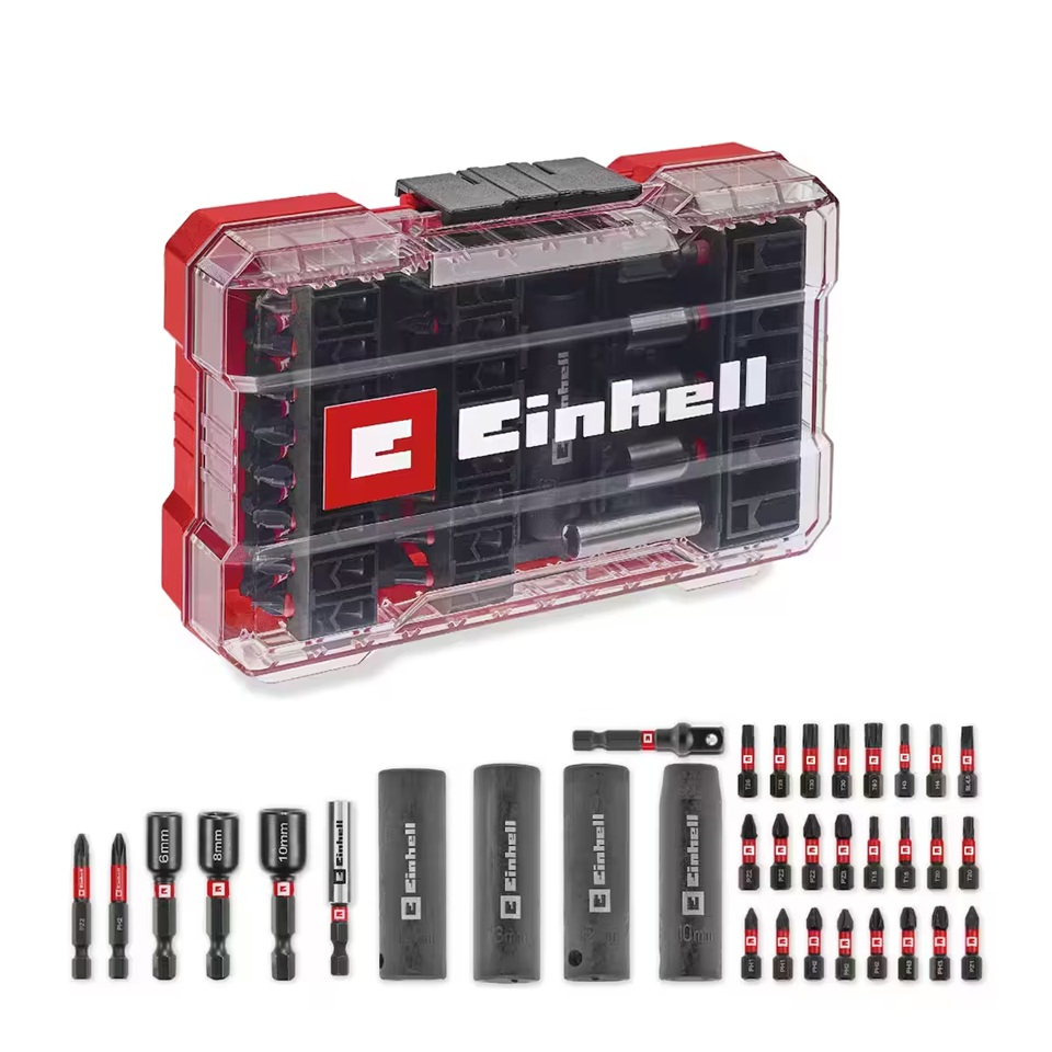 Einhell alet çantası, beyaz zeminde uçlar ve lokmalarla.