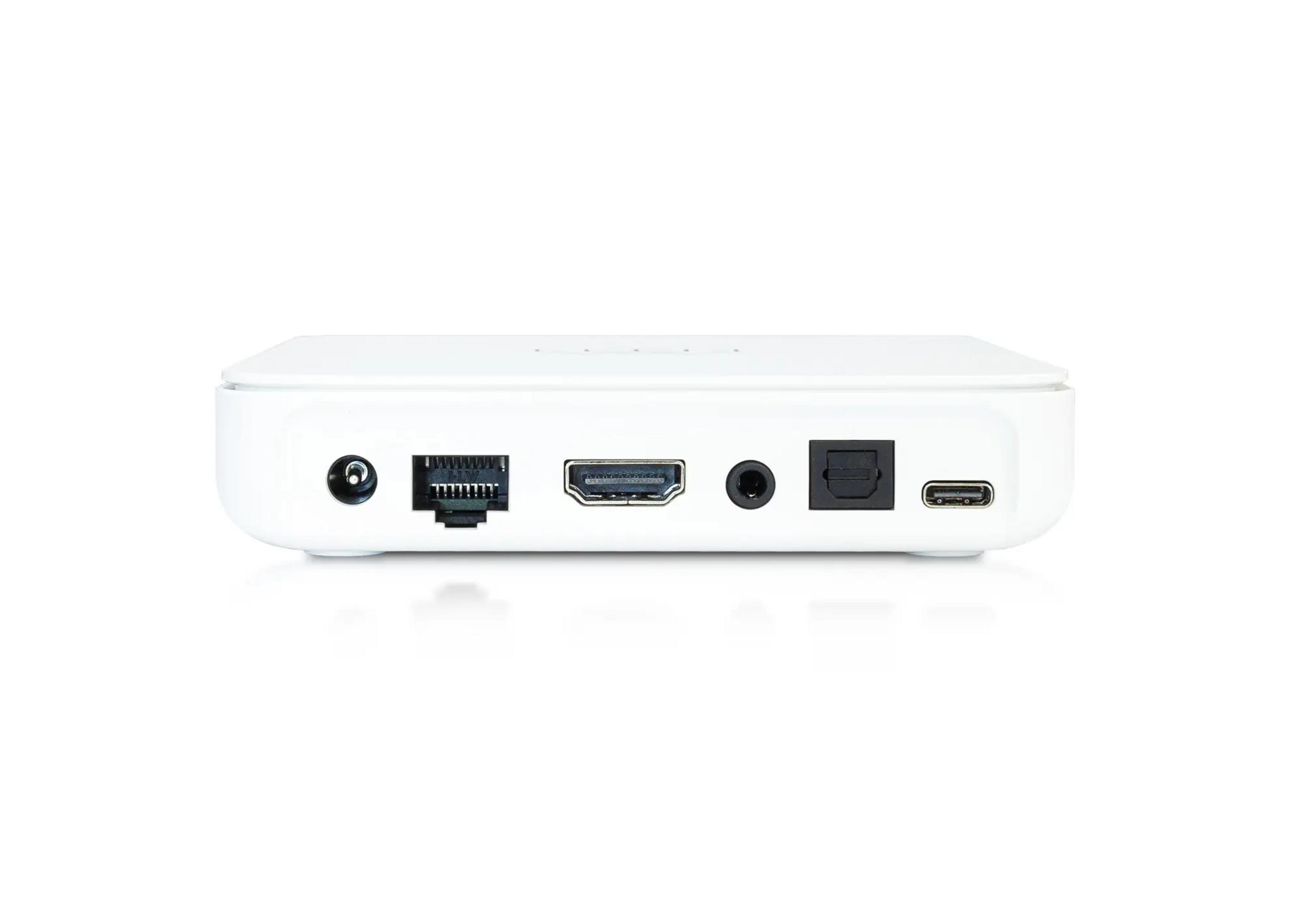 Scatola bianca con porte: alimentazione, LAN, HDMI, audio, USB-C.