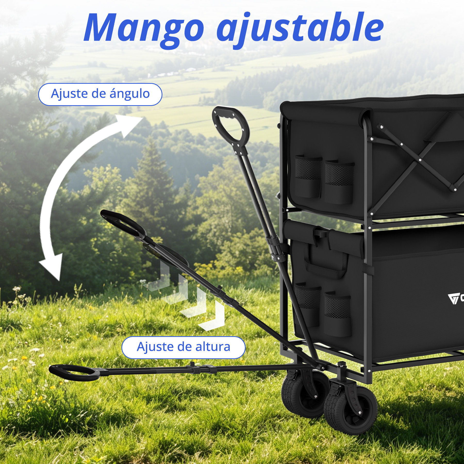Carro plegable negro con asa ajustable en un entorno exterior con césped.