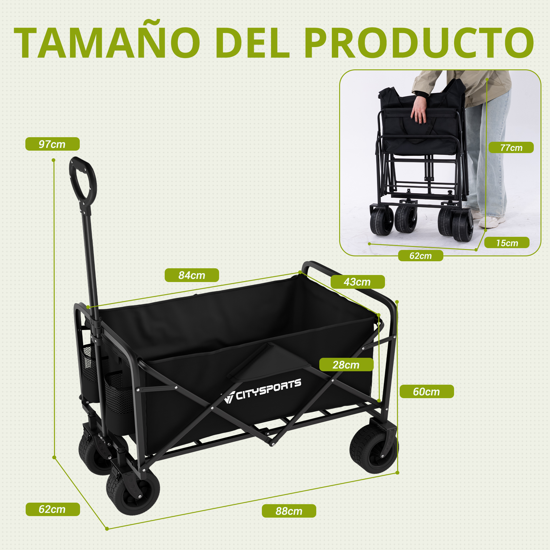 Un carro negro con dimensiones y un carro plegado mostrado.