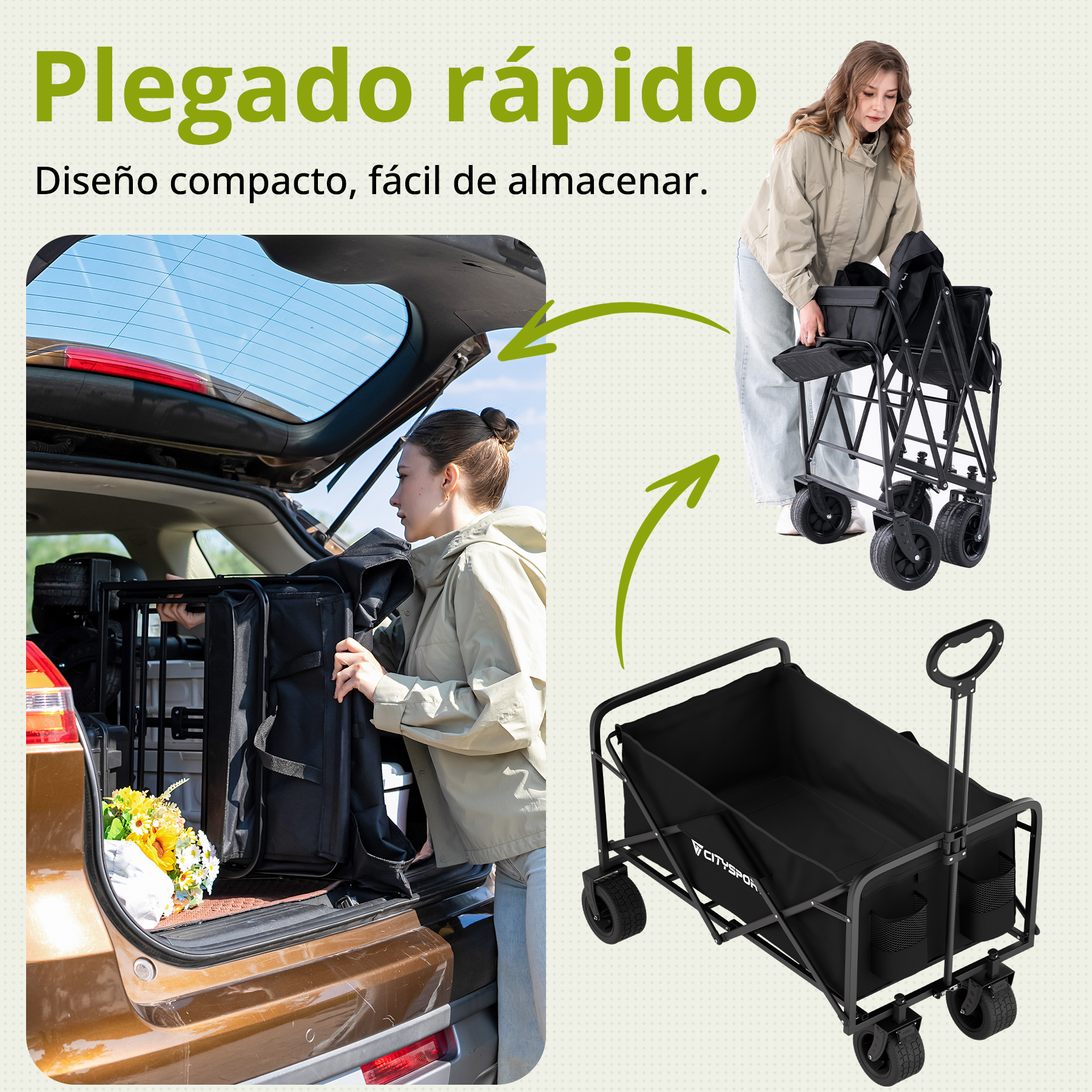 Mujer guarda carrito negro en maletero; carrito plegado mostrado