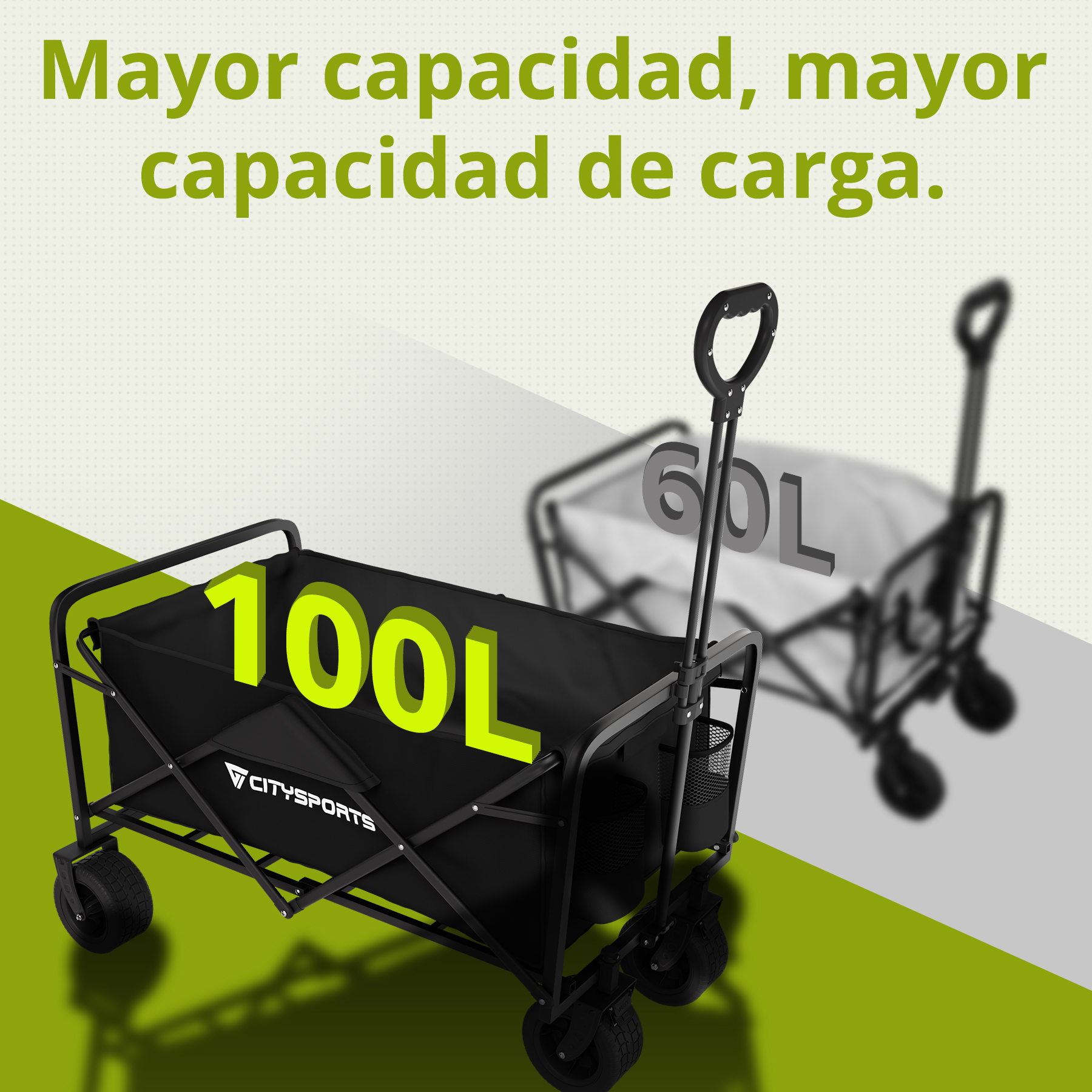 Carro negro de 100L de capacidad, modelo de 60L al fondo.