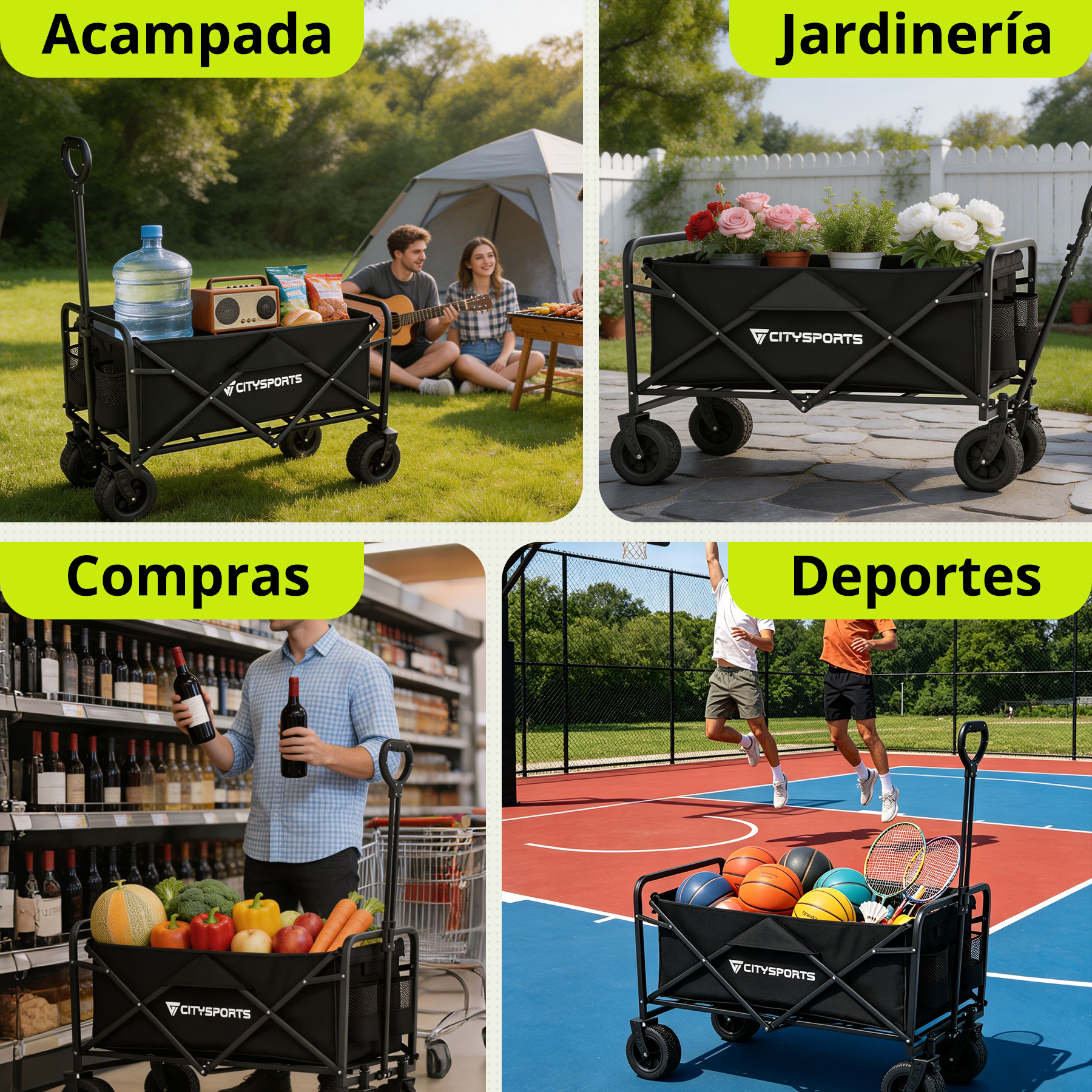 Un carro exterior versátil con artículos de camping, jardinería, compras y deportes.