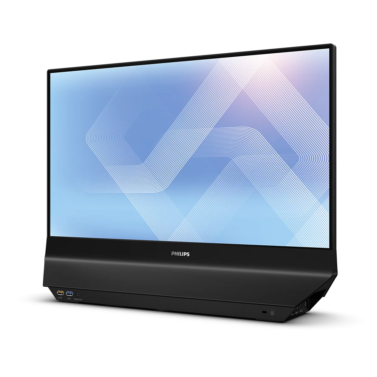 Un monitor nero con un motivo astratto blu e bianco sullo schermo.