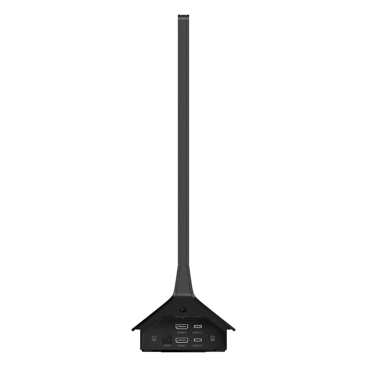 Supporto monitor nero con porte: HDMI 2, USB C2, HDMI 1, USB C1.