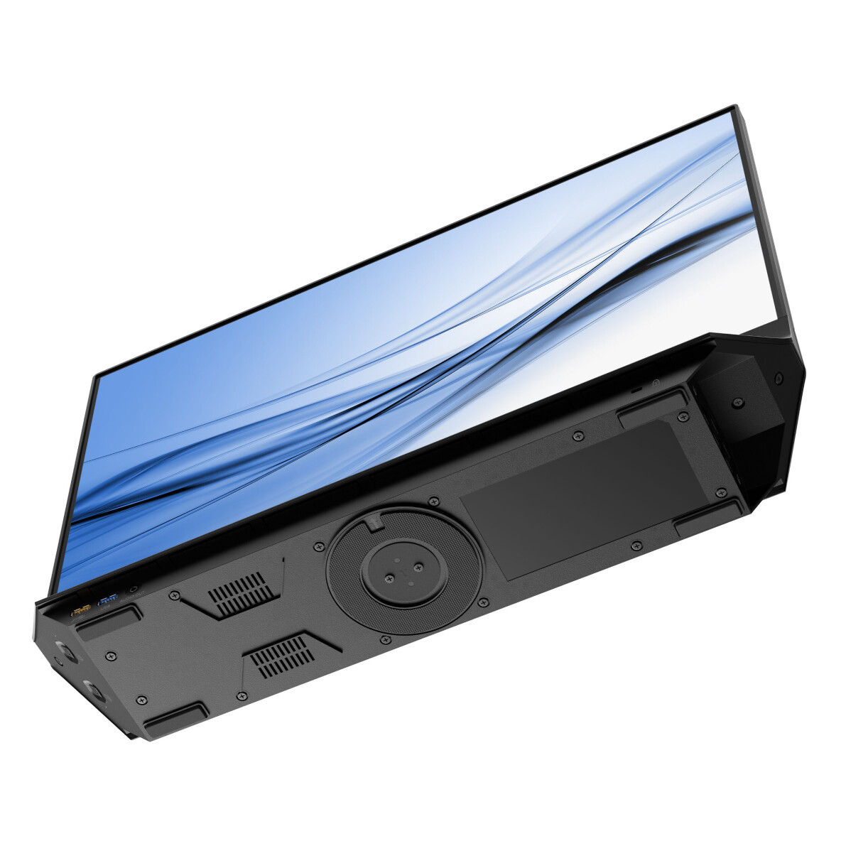 Monitor nero con motivo ondulato blu sullo schermo, sfondo bianco.
