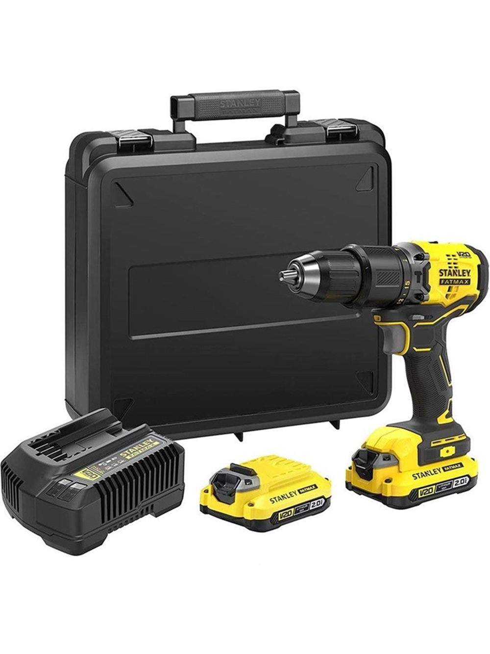 Siyah çantalı sarı Stanley Fatmax matkap ve aksesuarları.