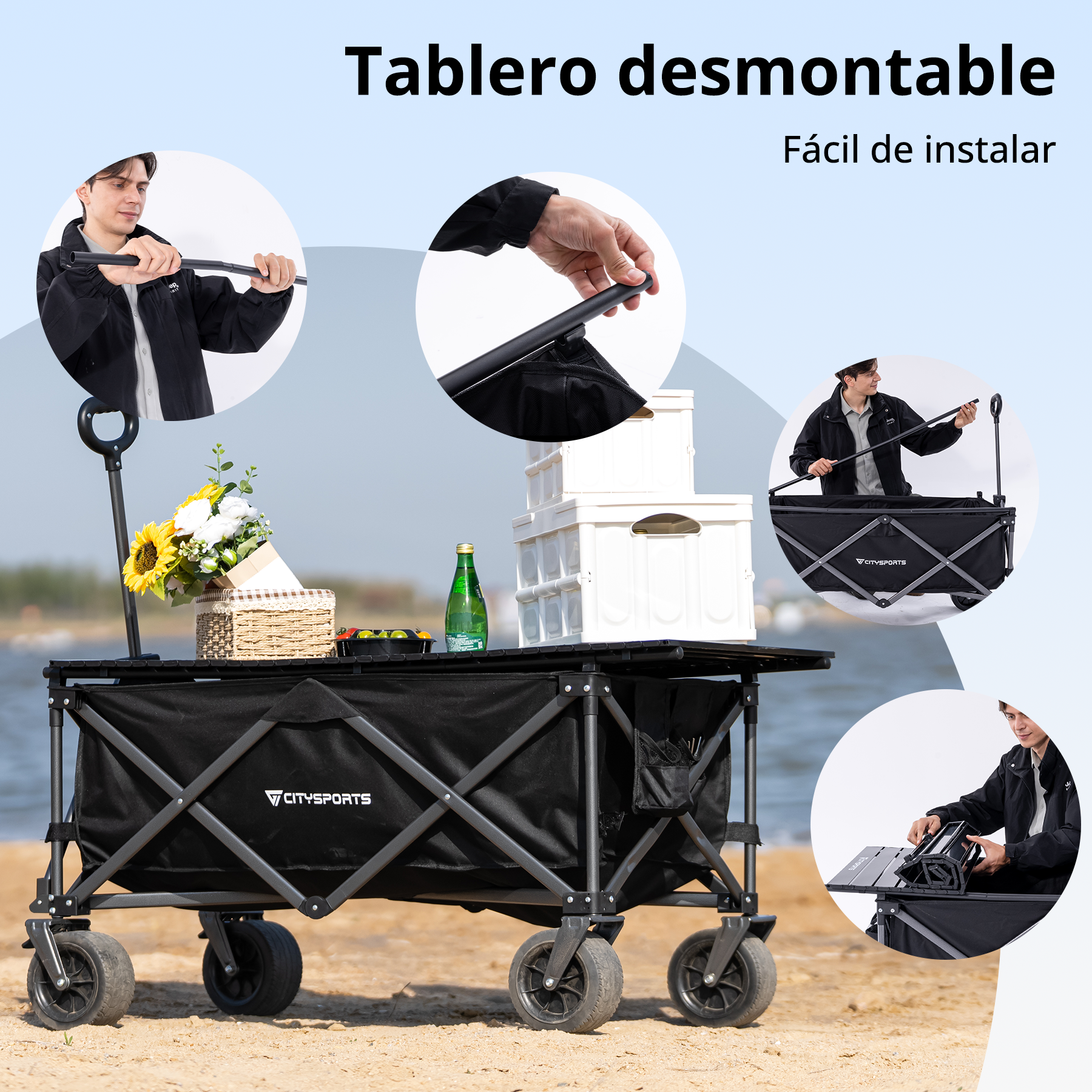 Un hombre monta un carro plegable negro con tablero en la playa.