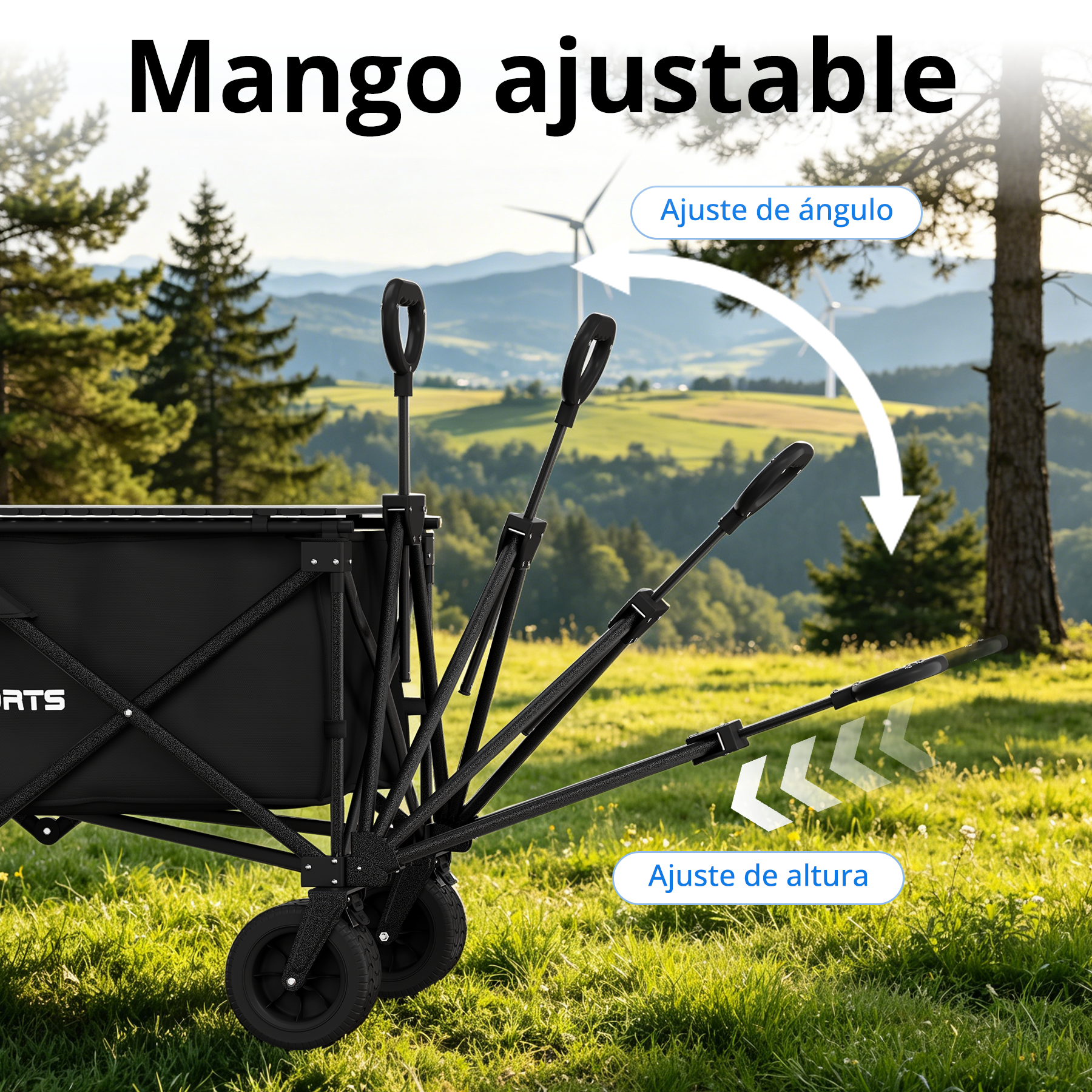 Carro negro con asa ajustable al aire libre.