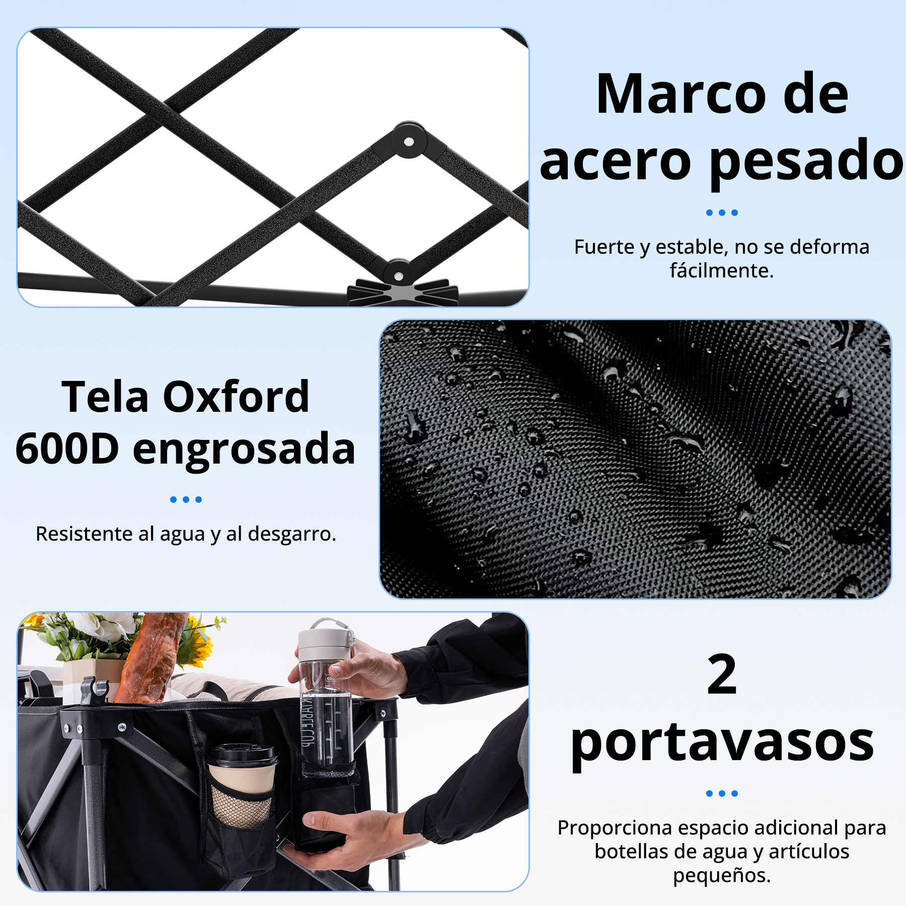 Vista detallada de un carrito plegable con marco de acero, tela Oxford y portavasos.