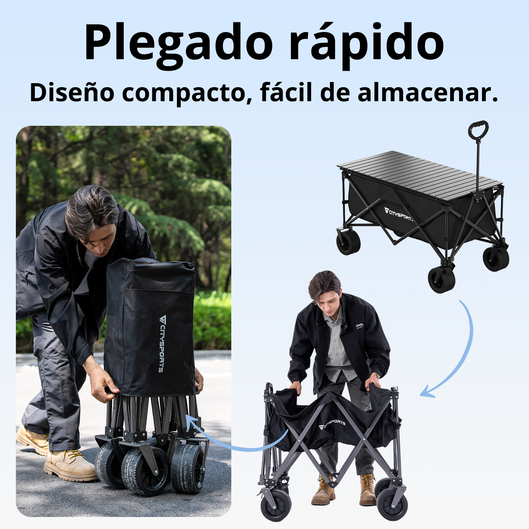 Hombre pliega un carrito negro. Otro carrito está desplegado. Diseño compacto.