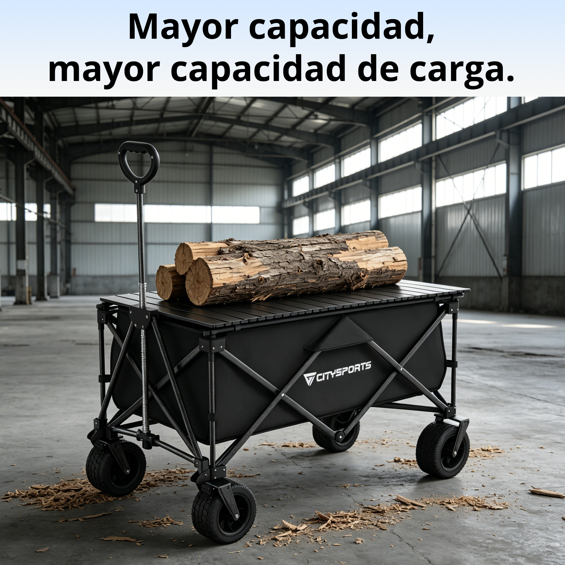 Carro negro con troncos, dentro de un almacén.
