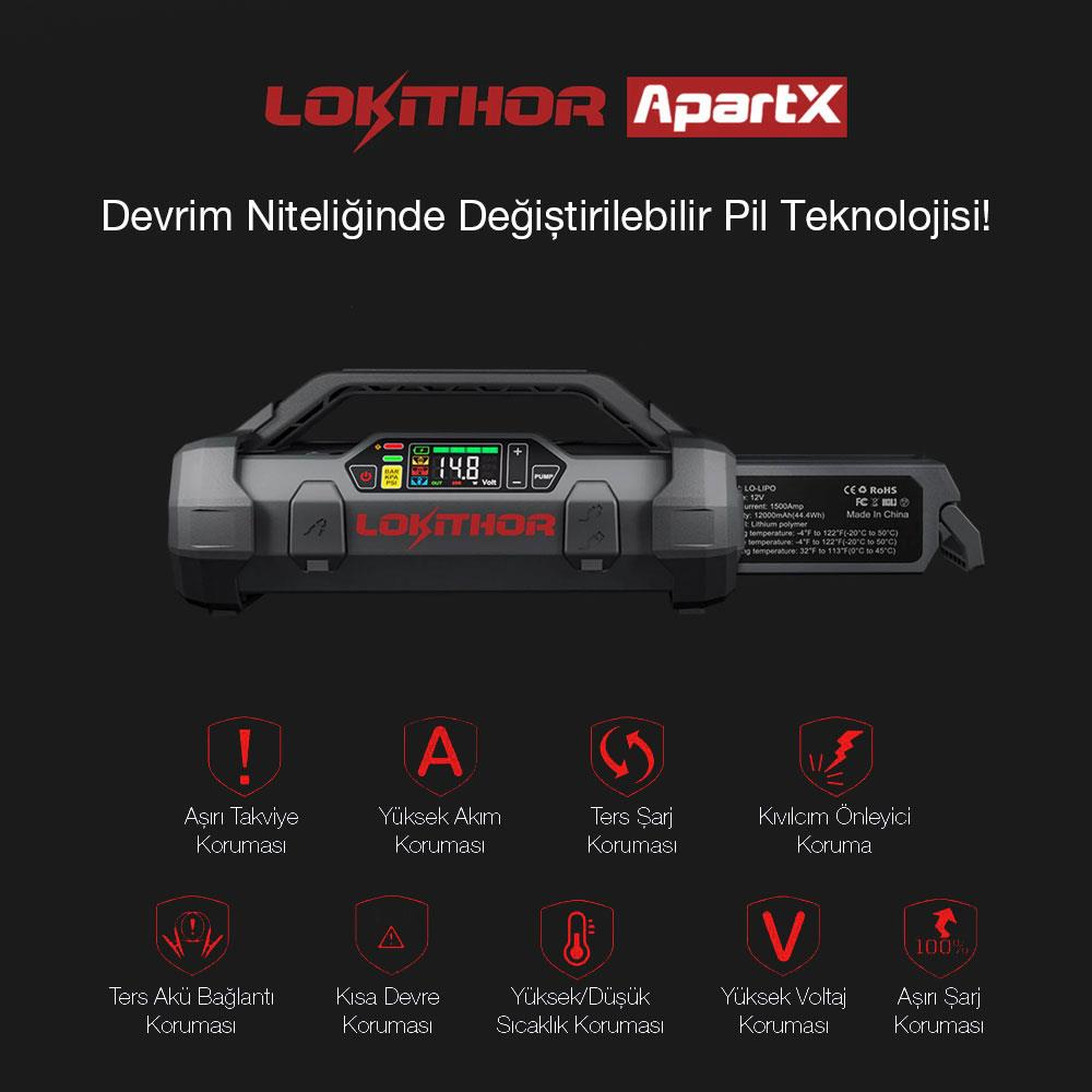 LOKITHOR logosu ve 14.8V göstergesi olan siyah akü takviye.