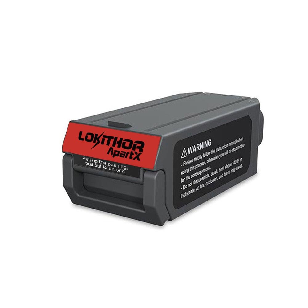 Pacco batteria grigio con marchio rosso "LOKITHOR ApartX" e testo di avviso.