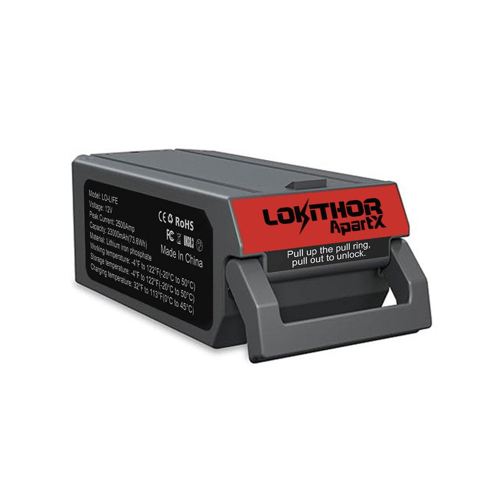 Batteria grigia con etichette rosse, modello LO-LIFE, 12V, 23000mAh.