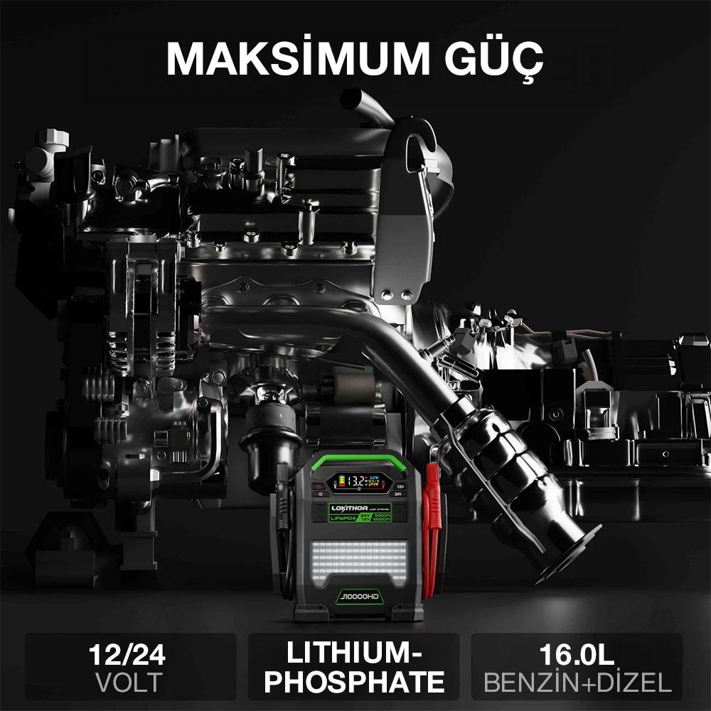 Un motore e un dispositivo di avviamento portatile che mostra 13,2V.