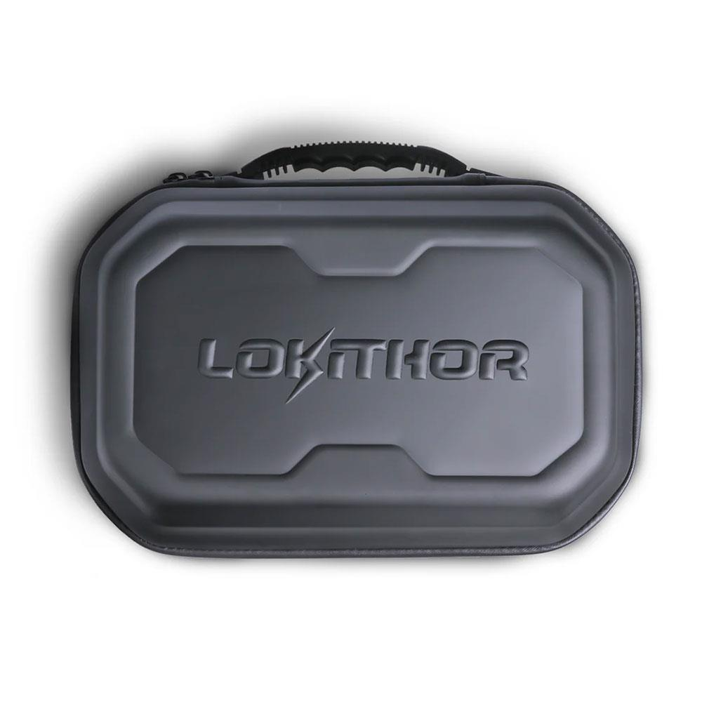 Gri "LOKTHOR" logolu ve fermuarlı çanta.