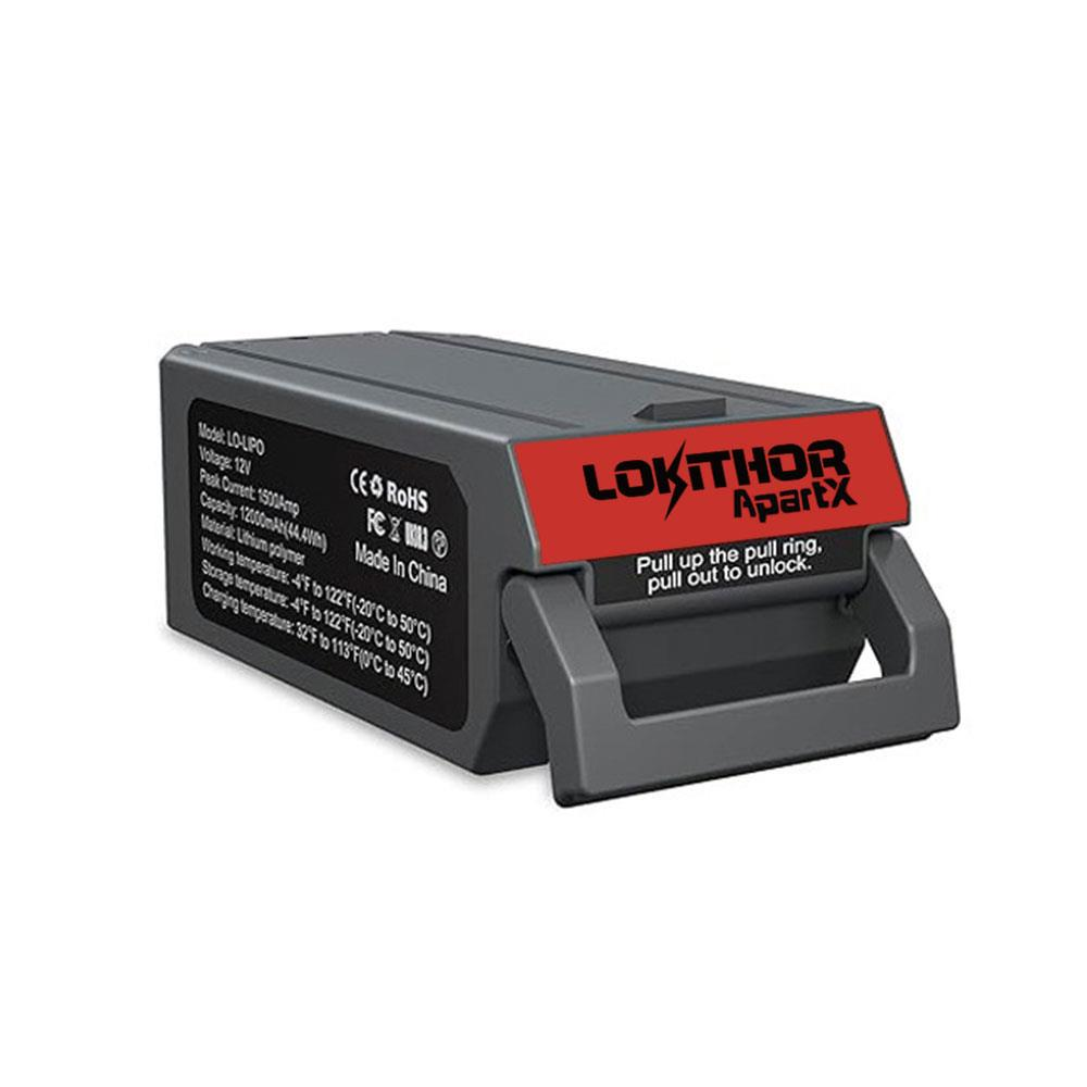 Batteria Lokithor ApartX grigia con etichetta rossa, 12V, 12000mAh, anello per sbloccare.